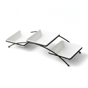 Shallow Serving Bowl Set  3PCS Square 14cm Porcelain & New Bone China Bowls with Metal Stand for Dates, Sweets, Eid & Family Gatherings