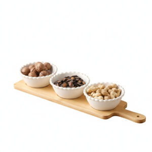 Shallow 3PCS Round Porcelain Bowl Set with Bamboo Stand  13cm White New Bone China Serving Bowls for Snacks, Dates & Desserts | Ramadan, Eid, Diwali, Everyday Hosting & Gifting