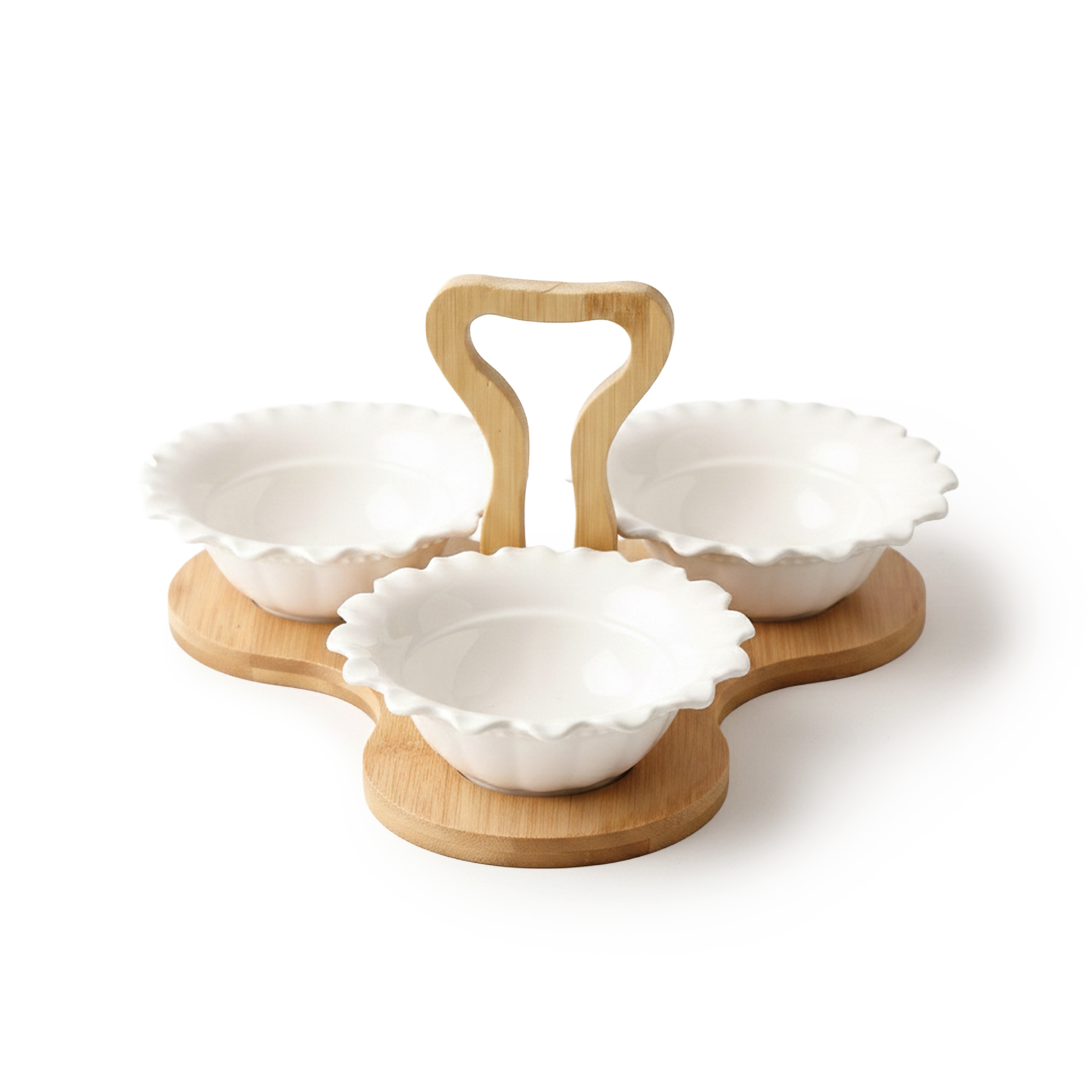 Shallow 3PCS Porcelain Serving Bowls with Bamboo Stand 15cm White New Bone China Snack & Condiment Set for Daily Use, Ramadan Iftar, Eid, Diwali, Parties & Elegant Hosting - Image 4