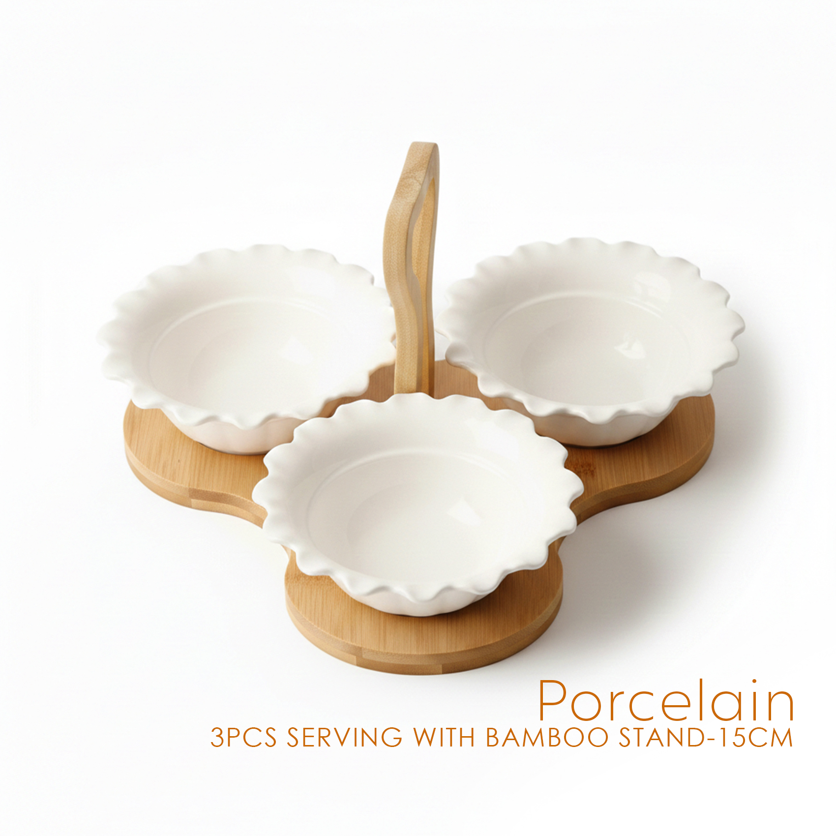 Shallow 3PCS Porcelain Serving Bowls with Bamboo Stand 15cm White New Bone China Snack & Condiment Set for Daily Use, Ramadan Iftar, Eid, Diwali, Parties & Elegant Hosting - Image 5