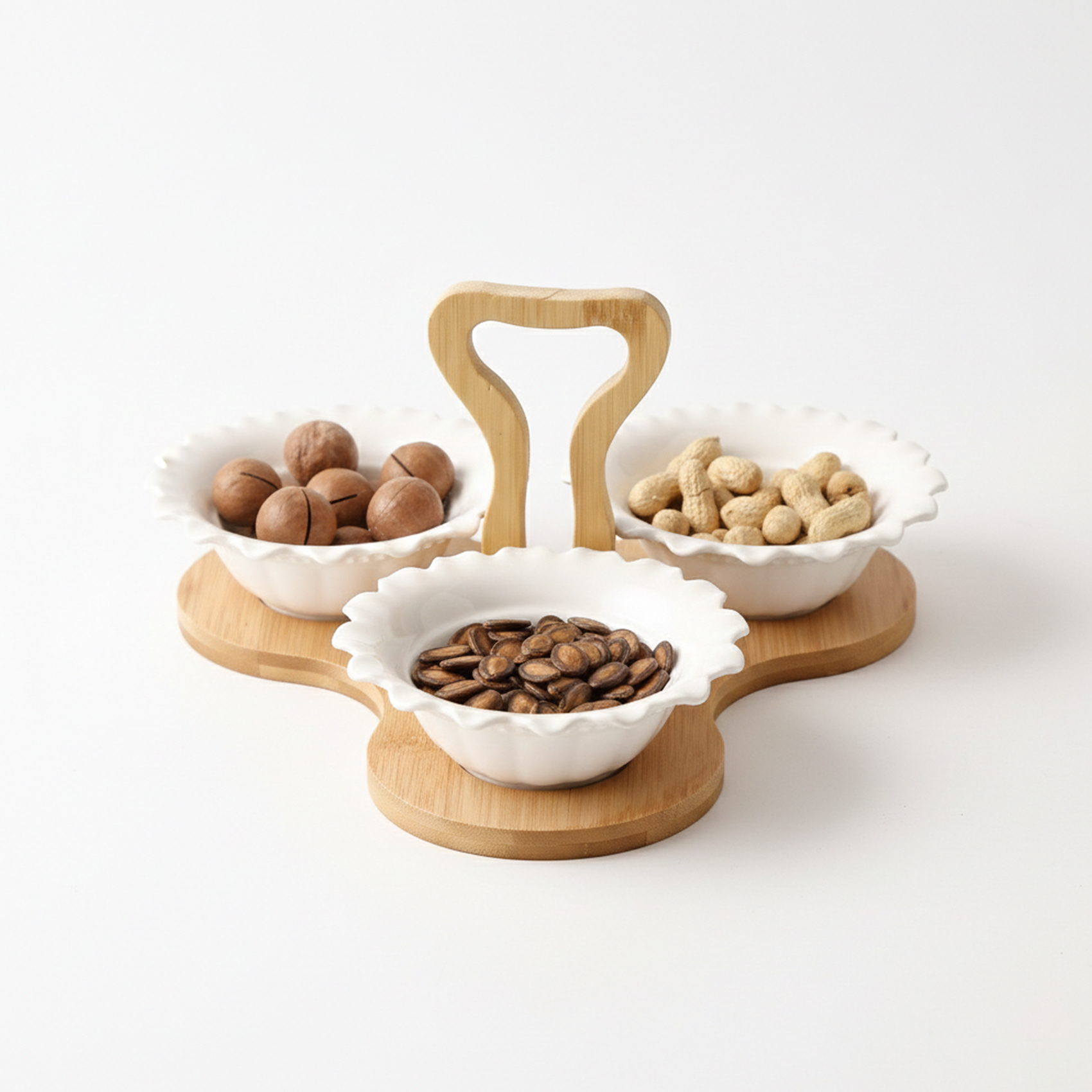 Shallow 3PCS Porcelain Serving Bowls with Bamboo Stand 15cm White New Bone China Snack & Condiment Set for Daily Use, Ramadan Iftar, Eid, Diwali, Parties & Elegant Hosting