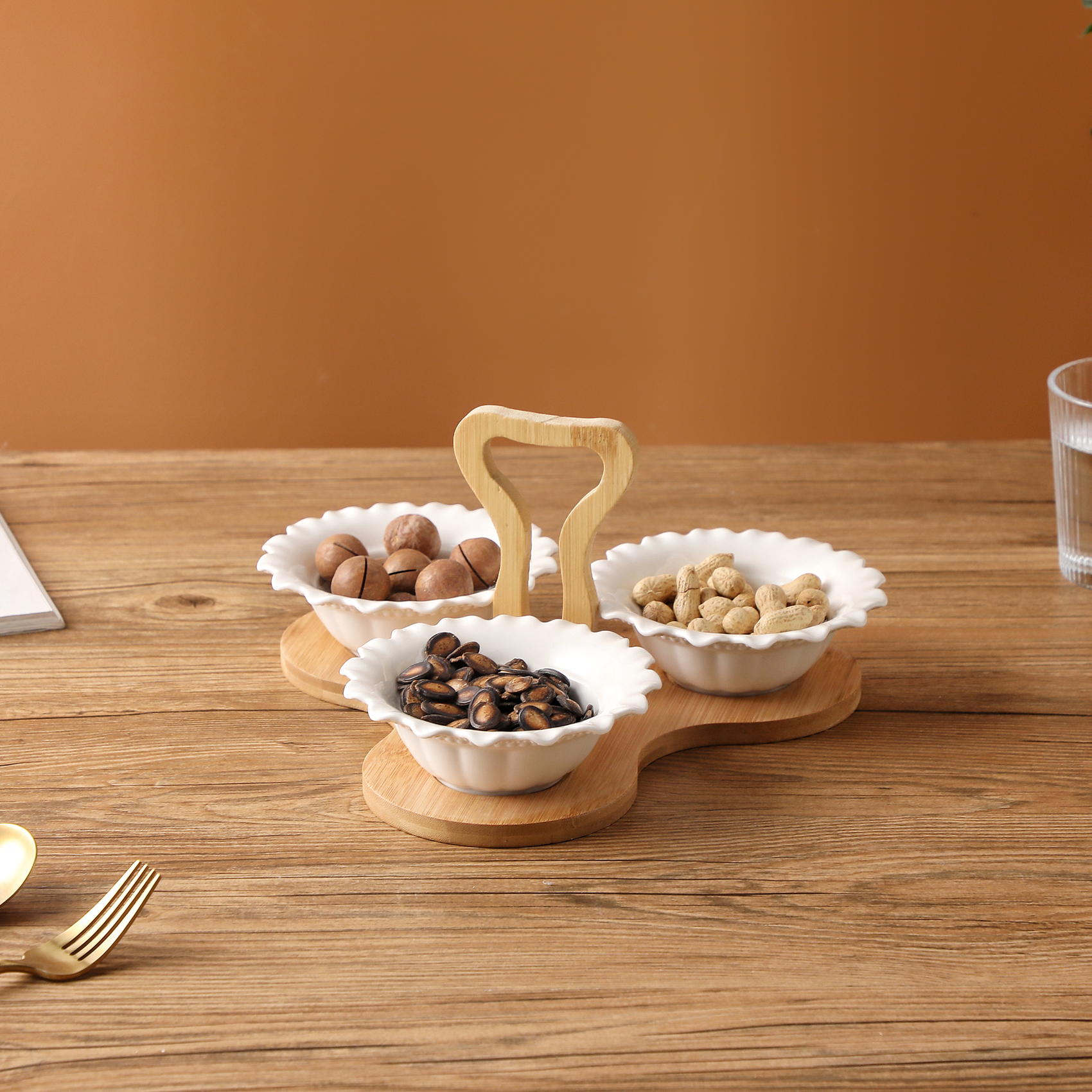 Shallow 3PCS Porcelain Serving Bowls with Bamboo Stand 15cm White New Bone China Snack & Condiment Set for Daily Use, Ramadan Iftar, Eid, Diwali, Parties & Elegant Hosting - Image 2