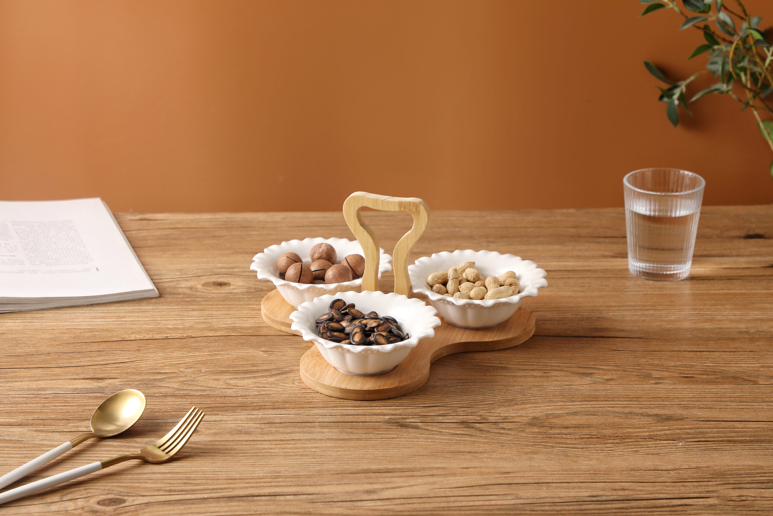 Shallow 3PCS Porcelain Serving Bowls with Bamboo Stand 15cm White New Bone China Snack & Condiment Set for Daily Use, Ramadan Iftar, Eid, Diwali, Parties & Elegant Hosting - Image 3