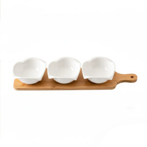 Shallow Luxury 3PCS Round Porcelain Bowls with Bamboo Stand  12cm White Serveware for Snacks, Desserts