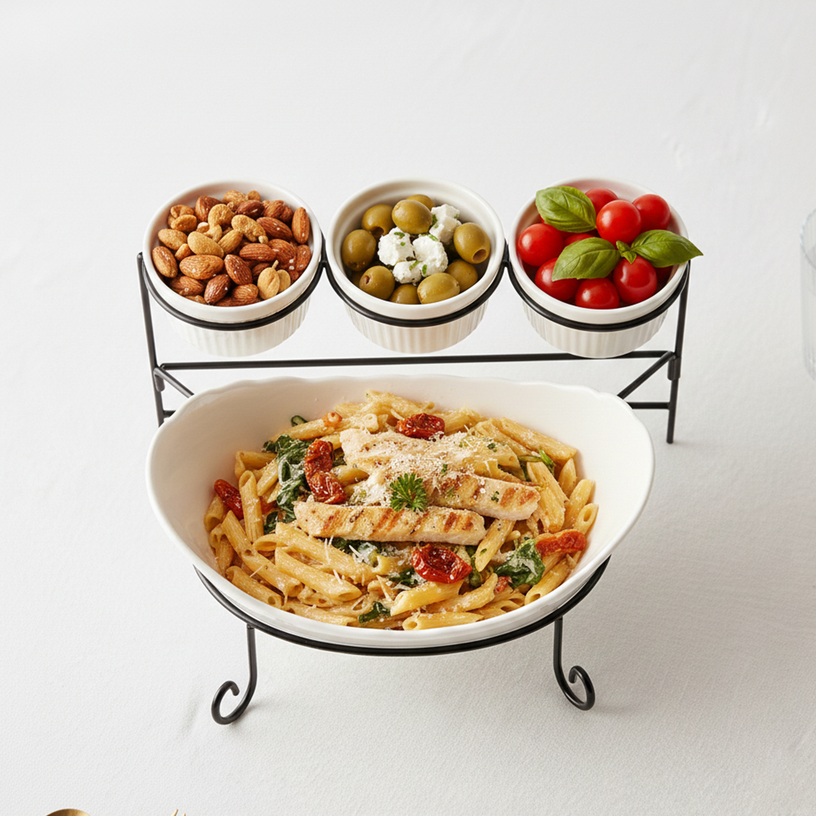 Shallow 4PCS Porcelain Serving Set 27cm Platter with 3×12cm Bowls, White New Bone China Serveware for Elegant Hosting, Daily Use, Ramadan, Eid, Diwali & Festive Dining - Image 2