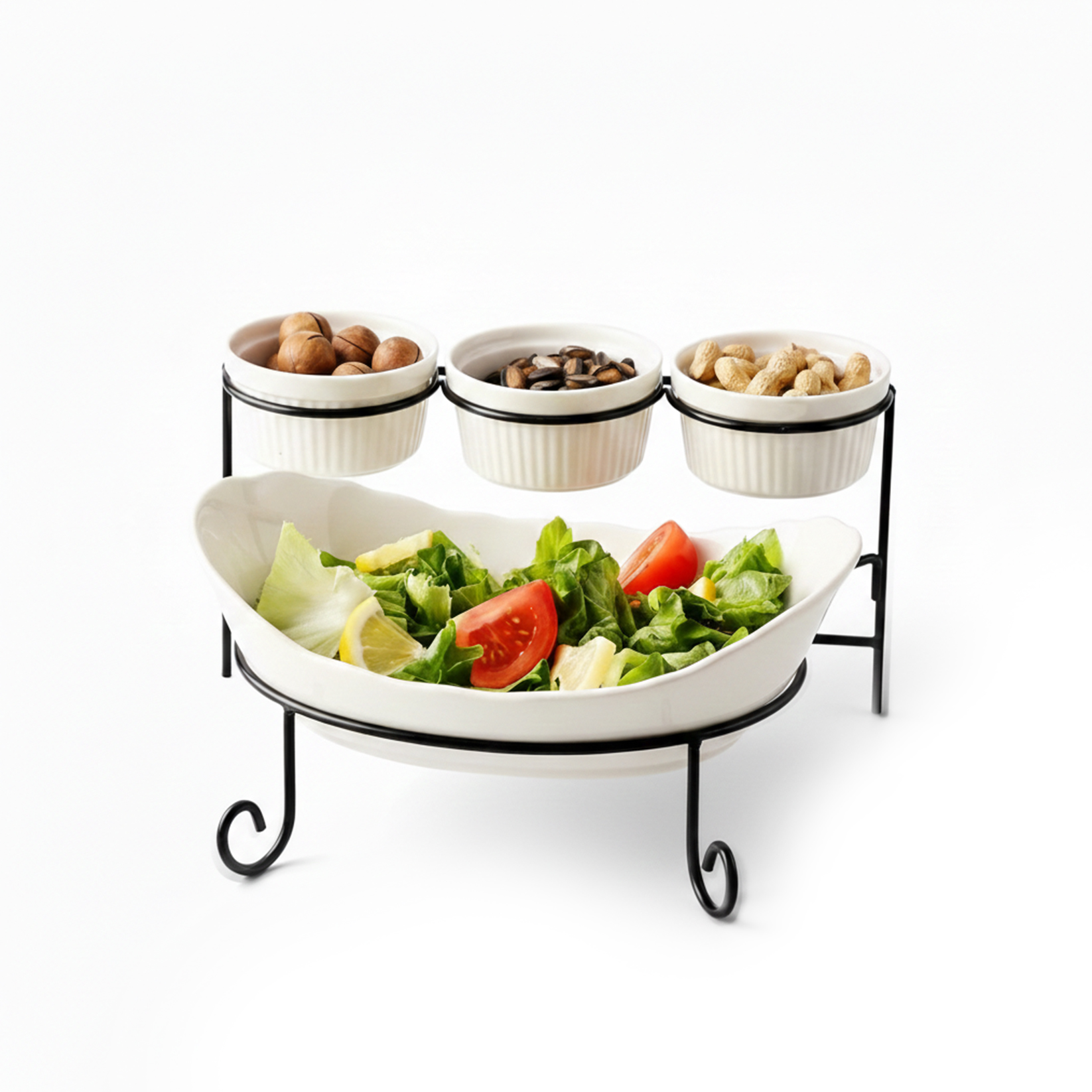 Shallow 4PCS Porcelain Serving Set 27cm Platter with 3×12cm Bowls, White New Bone China Serveware for Elegant Hosting, Daily Use, Ramadan, Eid, Diwali & Festive Dining