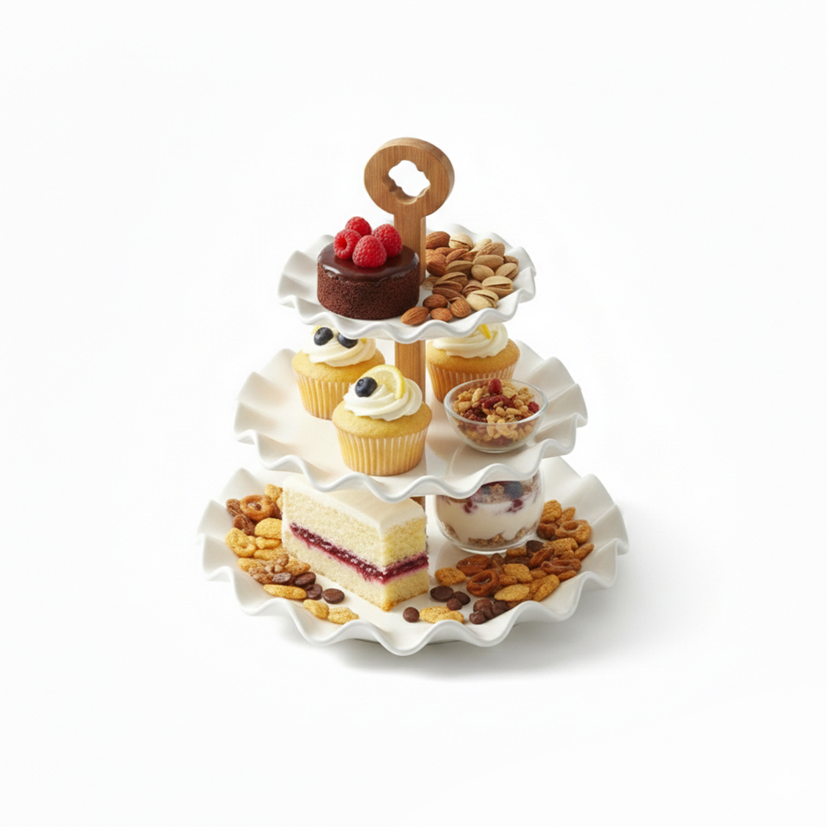 Shallow 3 Tier Porcelain Cake Stand 17cm + 24cm + 29cm White New Bone China Dessert & Serving Stand for Elegant Hosting, Ramadan, Eid, Weddings & Festive Celebrations