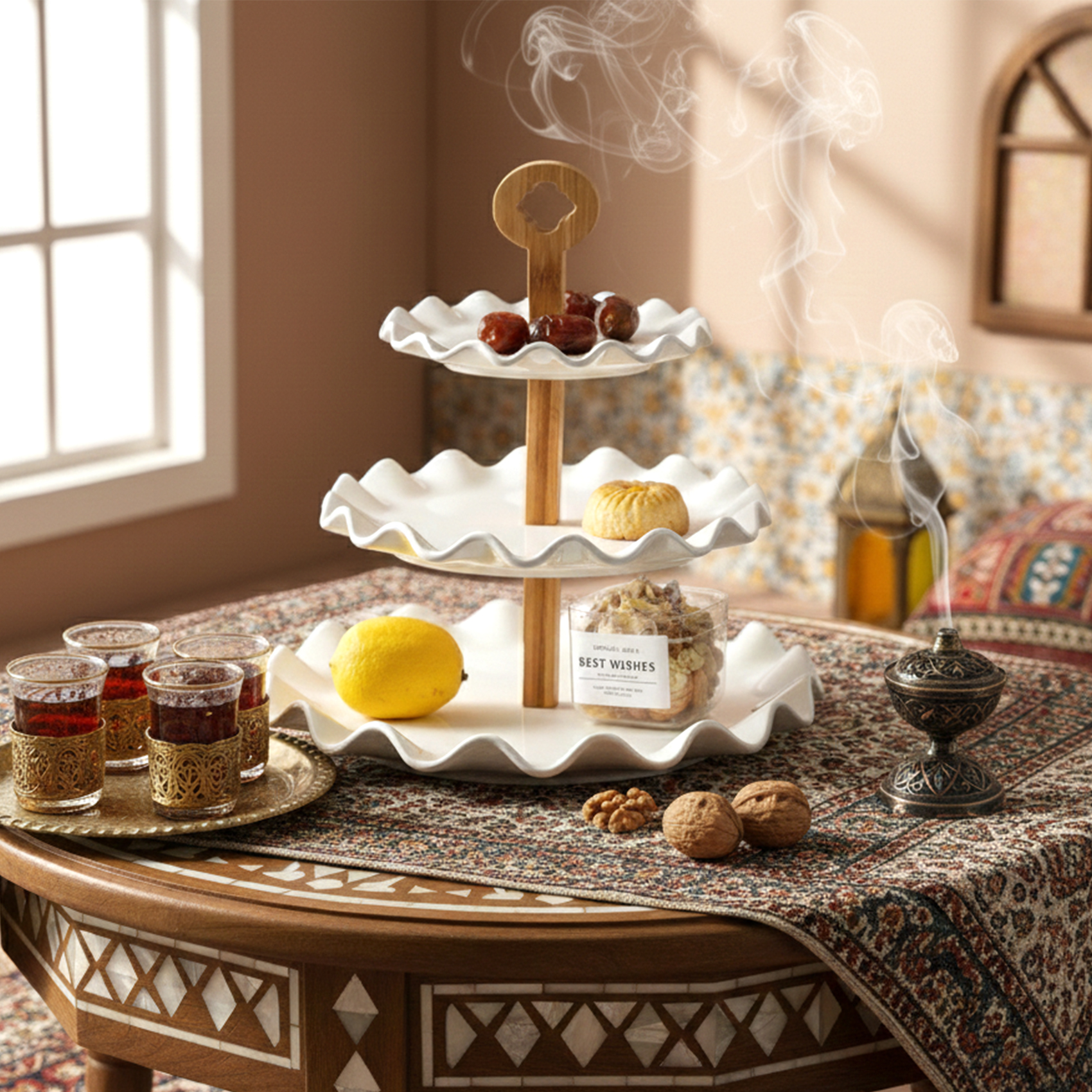 Shallow 3 Tier Porcelain Cake Stand 17cm + 24cm + 29cm White New Bone China Dessert & Serving Stand for Elegant Hosting, Ramadan, Eid, Weddings & Festive Celebrations - Image 2