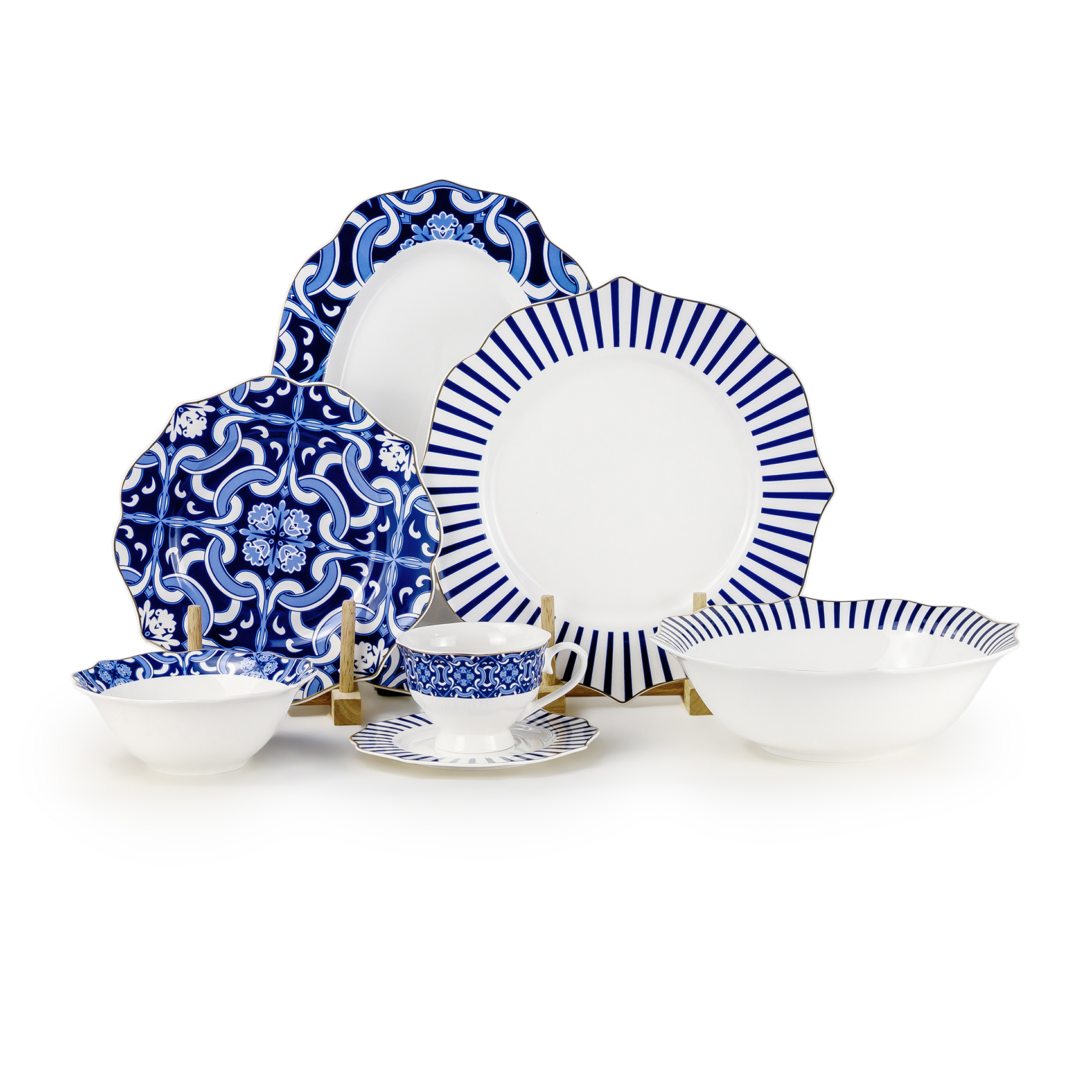 Shallow HEXTER 32-Pc New Bone China Dinner Set for 6 People - White & Blue Pattern Tableware, Elegant Crockery for Daily Use,Hosting,Ramadan,Eid&Festive Dining,Plates,Bowls,teacup