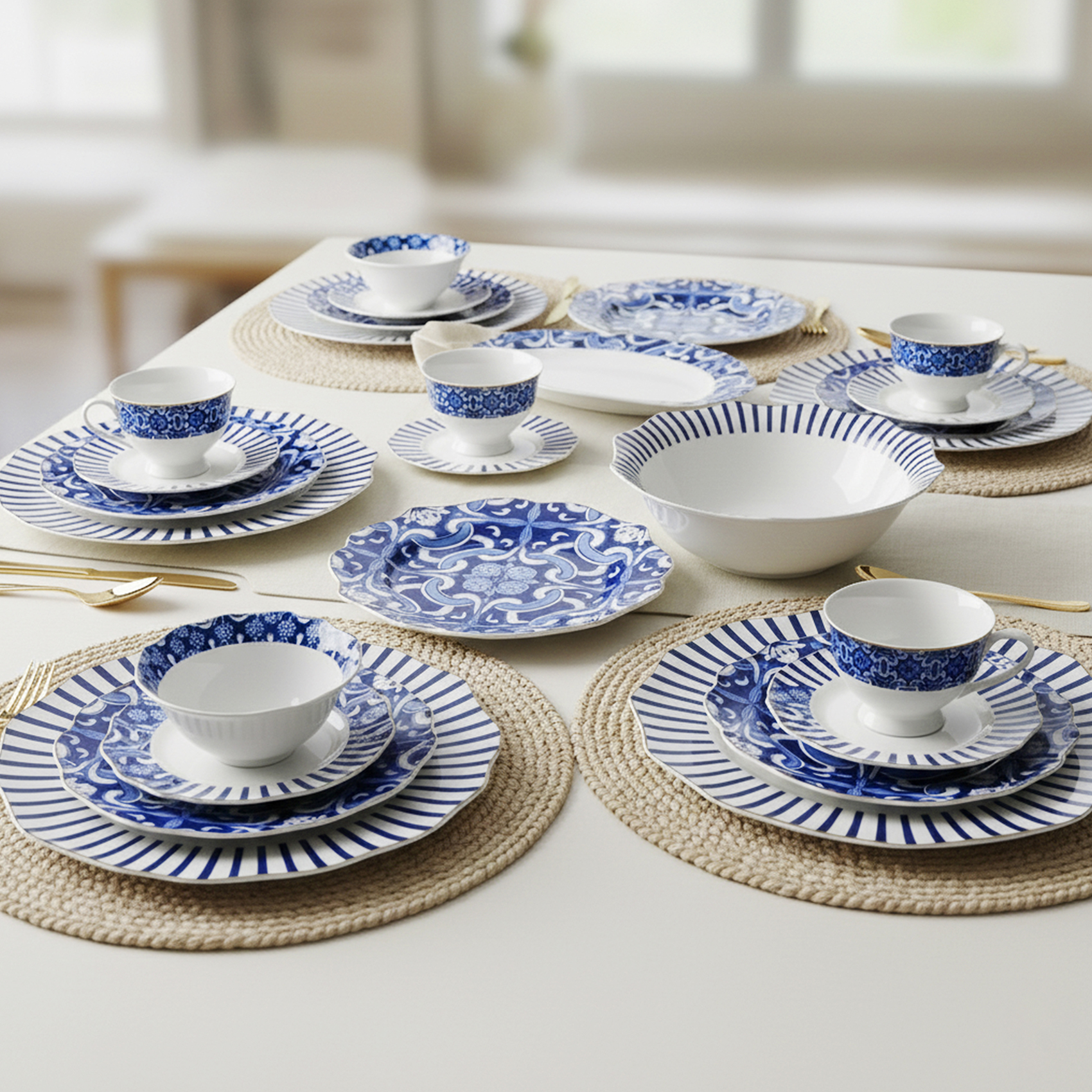Shallow HEXTER 32-Pc New Bone China Dinner Set for 6 People - White & Blue Pattern Tableware, Elegant Crockery for Daily Use,Hosting,Ramadan,Eid&Festive Dining,Plates,Bowls,teacup - Image 4