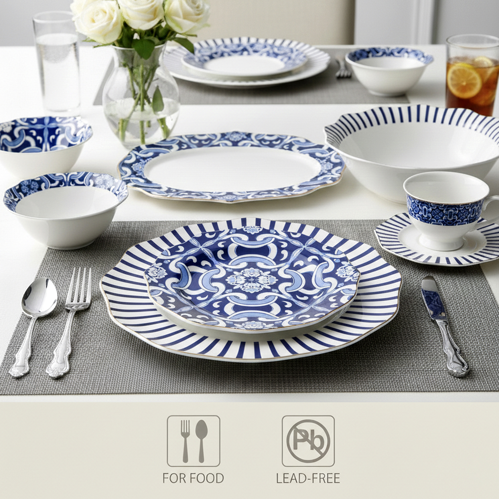 Shallow HEXTER 32-Pc New Bone China Dinner Set for 6 People - White & Blue Pattern Tableware, Elegant Crockery for Daily Use,Hosting,Ramadan,Eid&Festive Dining,Plates,Bowls,teacup - Image 5