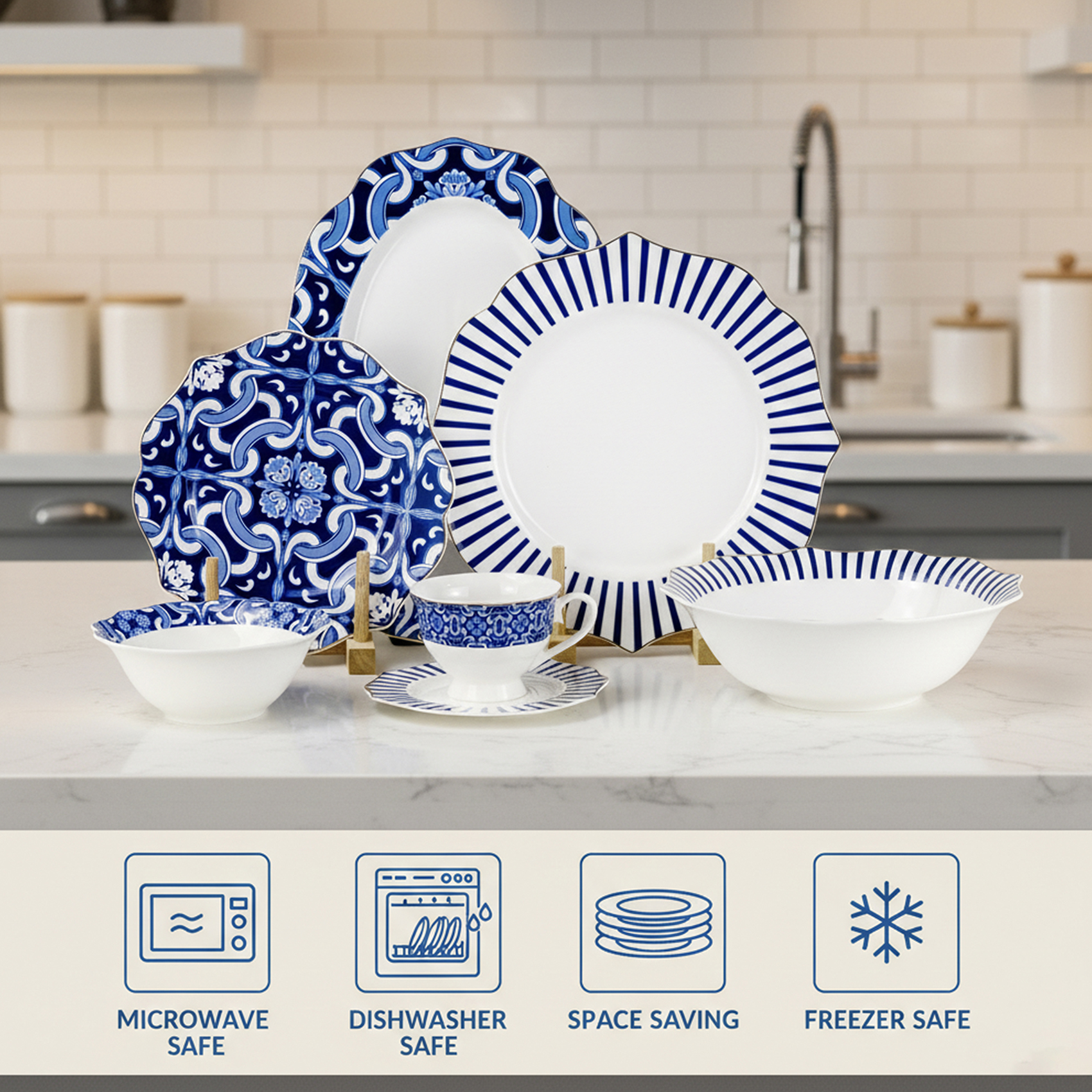 Shallow HEXTER 32-Pc New Bone China Dinner Set for 6 People - White & Blue Pattern Tableware, Elegant Crockery for Daily Use,Hosting,Ramadan,Eid&Festive Dining,Plates,Bowls,teacup - Image 6