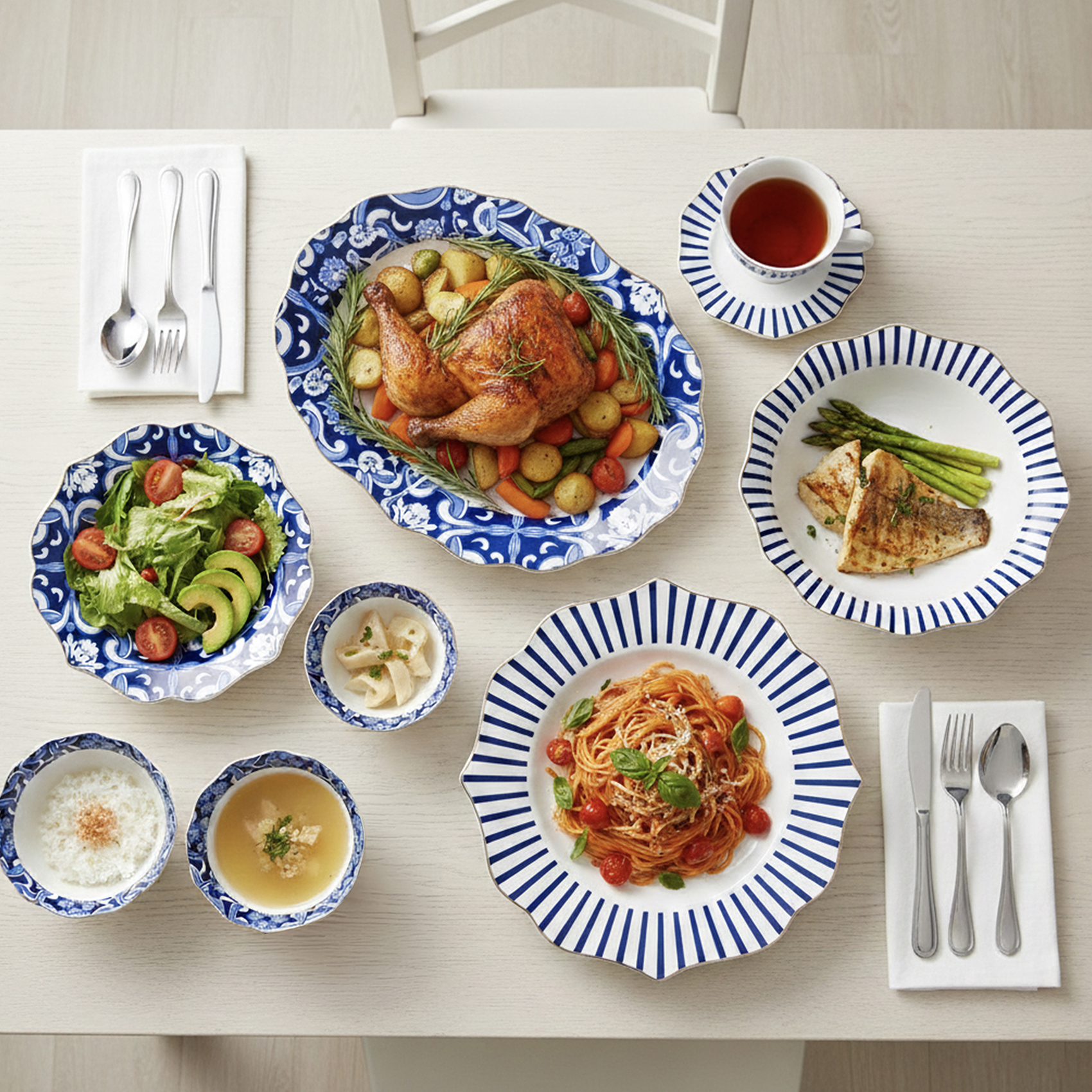 Shallow HEXTER 32-Pc New Bone China Dinner Set for 6 People - White & Blue Pattern Tableware, Elegant Crockery for Daily Use,Hosting,Ramadan,Eid&Festive Dining,Plates,Bowls,teacup - Image 2