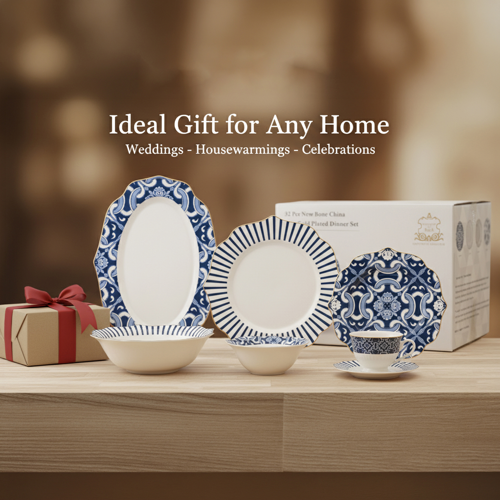 Shallow HEXTER 32-Pc New Bone China Dinner Set for 6 People - White & Blue Pattern Tableware, Elegant Crockery for Daily Use,Hosting,Ramadan,Eid&Festive Dining,Plates,Bowls,teacup - Image 3