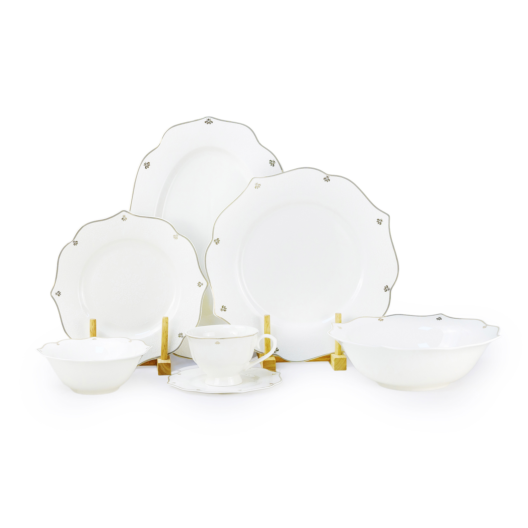 Shallow SAFY 32-Pc New Bone China Dinner Set for 6 People - White with Gold-Plated Border, Elegant Crockery for Daily Use,Hosting,Ramadan,Eid&Festive Dining,Plates,Bowls,Oval Plate,tea cup
