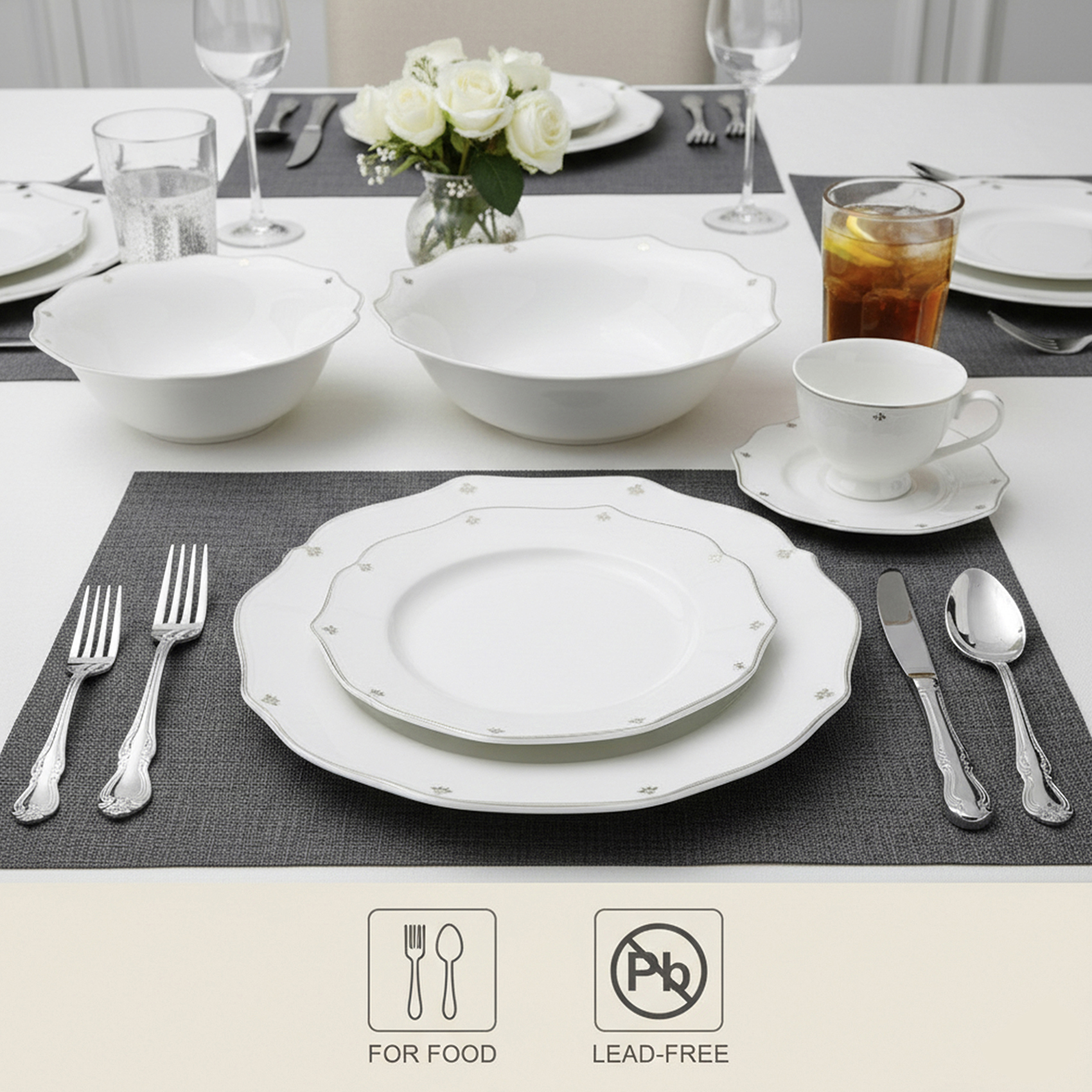 Shallow SAFY 32-Pc New Bone China Dinner Set for 6 People - White with Gold-Plated Border, Elegant Crockery for Daily Use,Hosting,Ramadan,Eid&Festive Dining,Plates,Bowls,Oval Plate,tea cup - Image 3