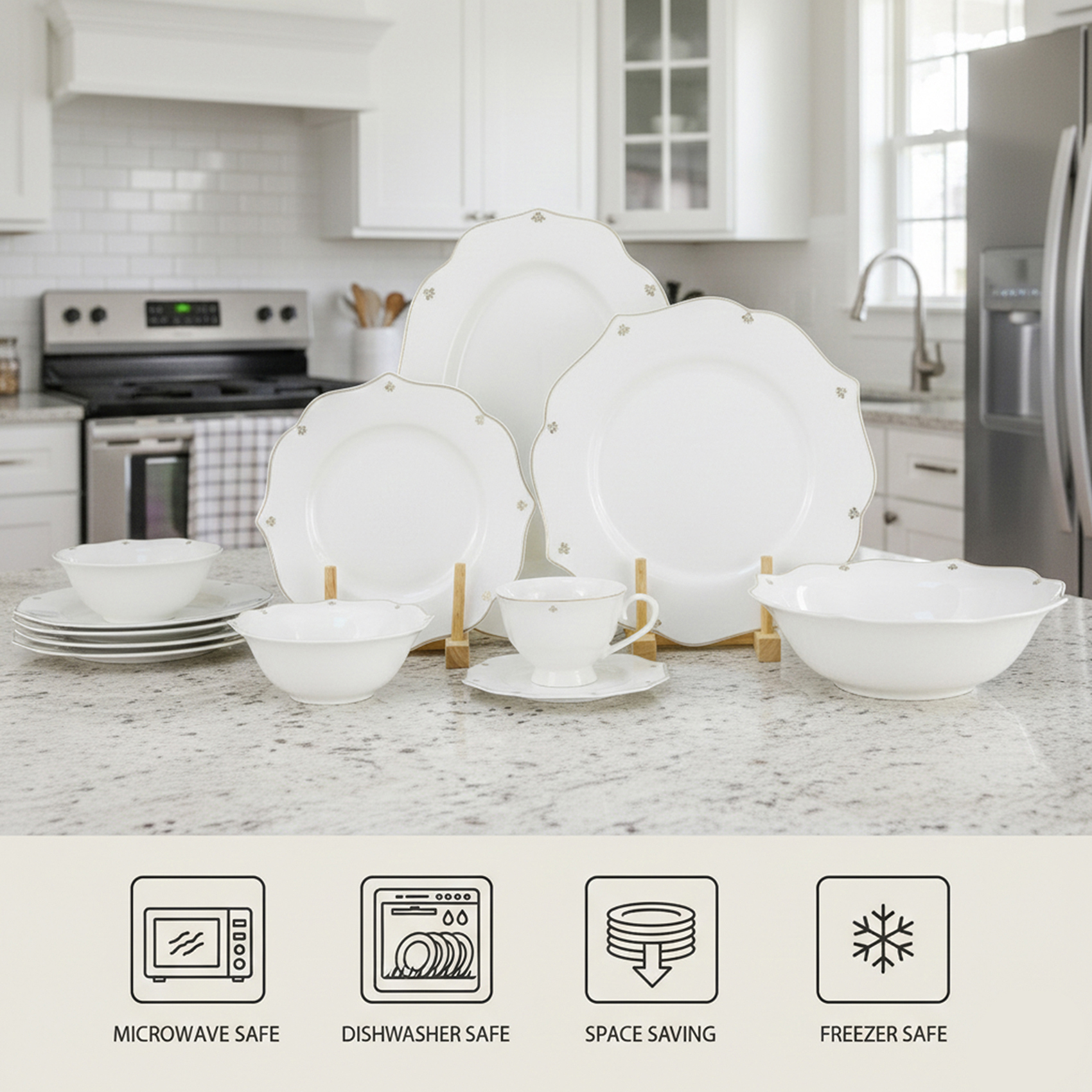 Shallow SAFY 32-Pc New Bone China Dinner Set for 6 People - White with Gold-Plated Border, Elegant Crockery for Daily Use,Hosting,Ramadan,Eid&Festive Dining,Plates,Bowls,Oval Plate,tea cup - Image 4
