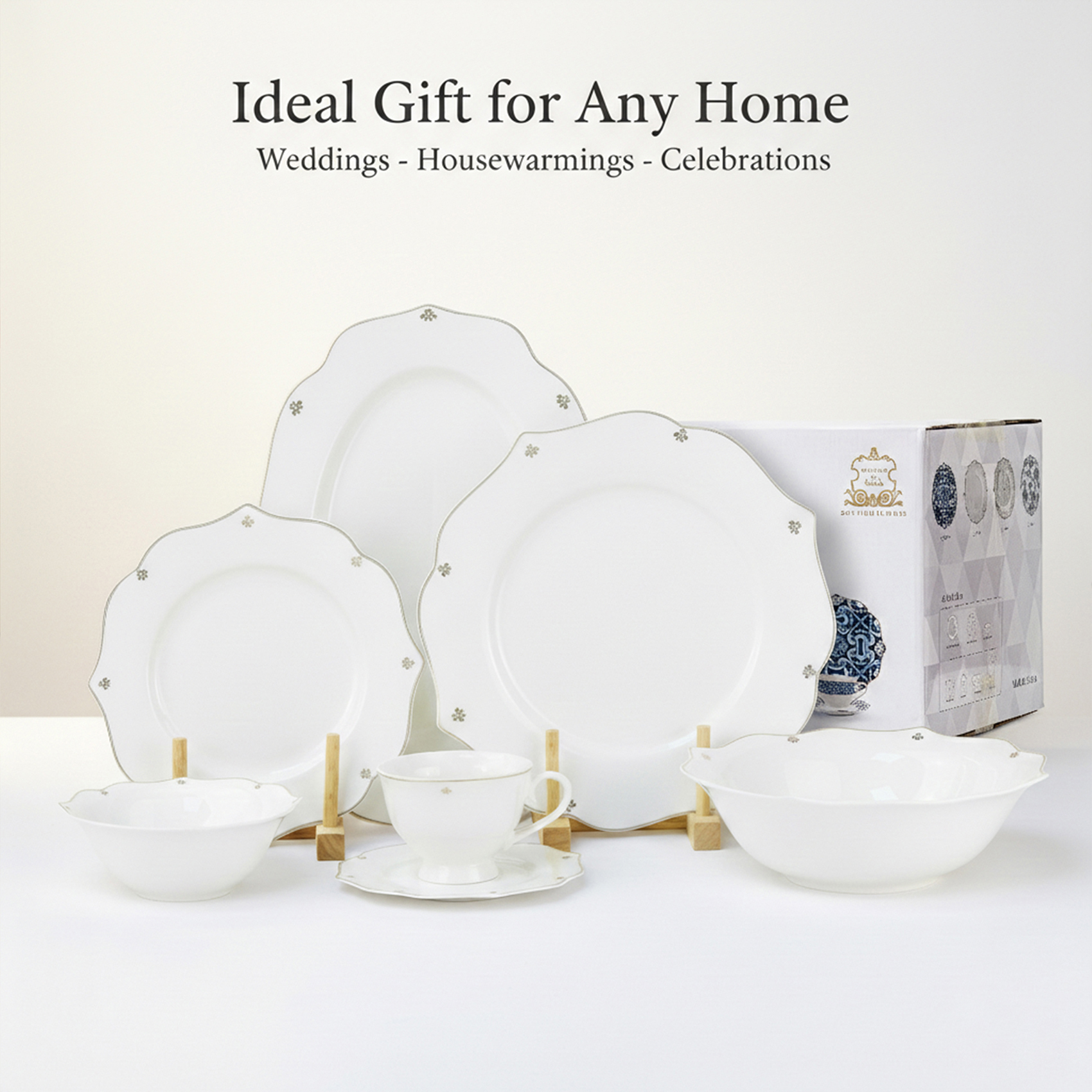 Shallow SAFY 32-Pc New Bone China Dinner Set for 6 People - White with Gold-Plated Border, Elegant Crockery for Daily Use,Hosting,Ramadan,Eid&Festive Dining,Plates,Bowls,Oval Plate,tea cup - Image 7