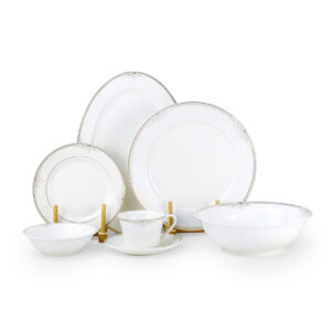 Shallow ASMA 32 Pc New Bone China Dinner Set for 6  Persons  White with Elegant Gold Rim, Premium Tableware for Daily Use, Brunch, Coffee Station, Ramadan, Eid & Gifting