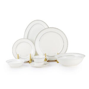 Shallow JUNA 32 Pc New Bone China Dinner Set for 6 persons  White Embossed Geometric Tableware with Serving Pieces for Daily Use, Brunch, Coffee Station, Ramadan, Eid & Gifting