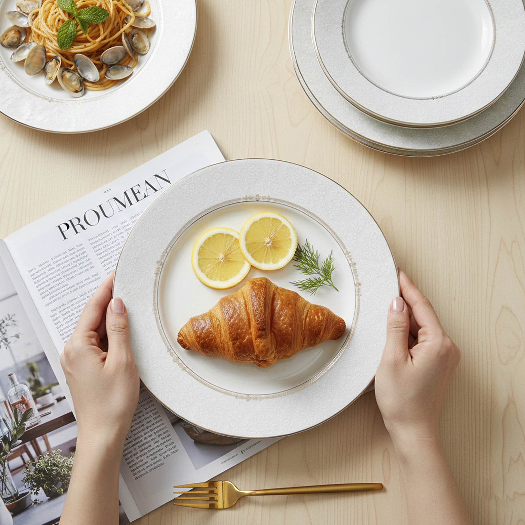 Shallow ISLA New Bone China Dinner Plate 26.7 cm White with Elegant Gold Rim, Premium Tableware for Daily Use, Brunch, Ramadan, Eid, Diwali & Gifting, Crockery, Casual dining plate - Image 2