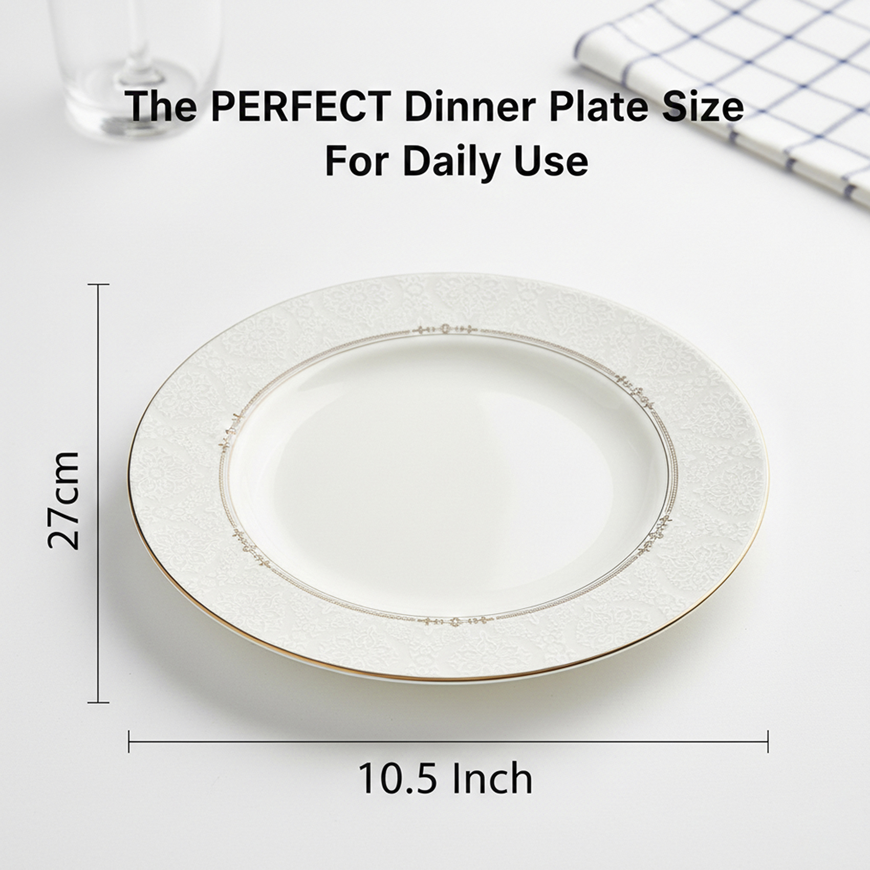 Shallow ISLA New Bone China Dinner Plate 26.7 cm White with Elegant Gold Rim, Premium Tableware for Daily Use, Brunch, Ramadan, Eid, Diwali & Gifting, Crockery, Casual dining plate - Image 3