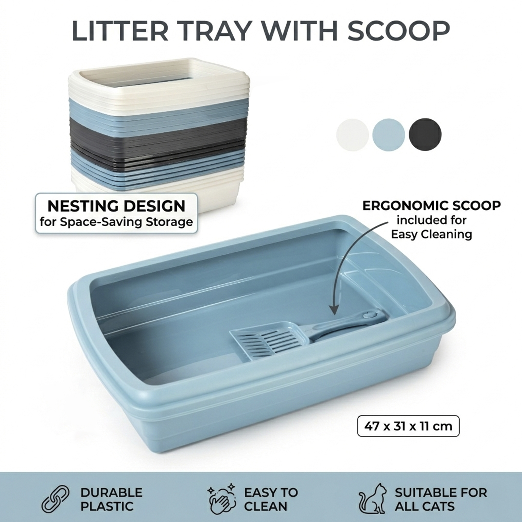 Plastic Forte Plastic Cat Litter Tray with Ergonomic Scoop, Durable Easy-Clean Pet Litter Pan, Nesting Design Space-Saving Cat Toilet Tray for All Cats, 47 x 31 x 11 cm, Assorted Colors - Image 2