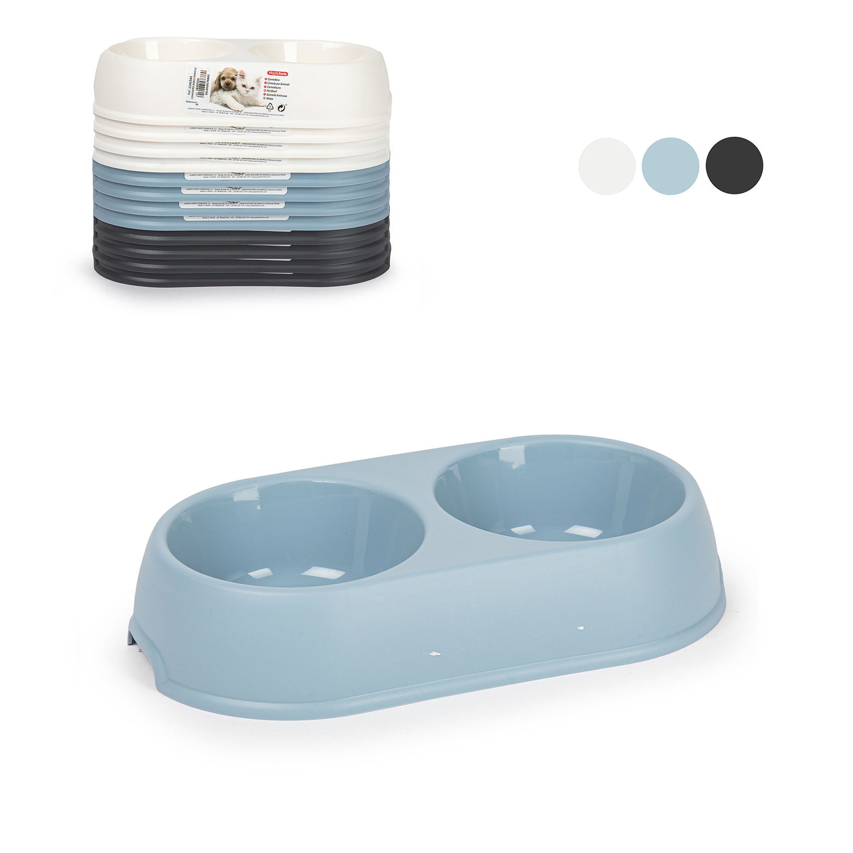 Plastic Forte Double Pet Bowl Dana, Plastic Food & Water Feeding Bowl for Cats & Small Dogs, Dual Pet Feeding Dish, Durable Easy-Clean Pet Feeder Non-Slip Design, 25 x 14 x 5 cm, Assorted Colors