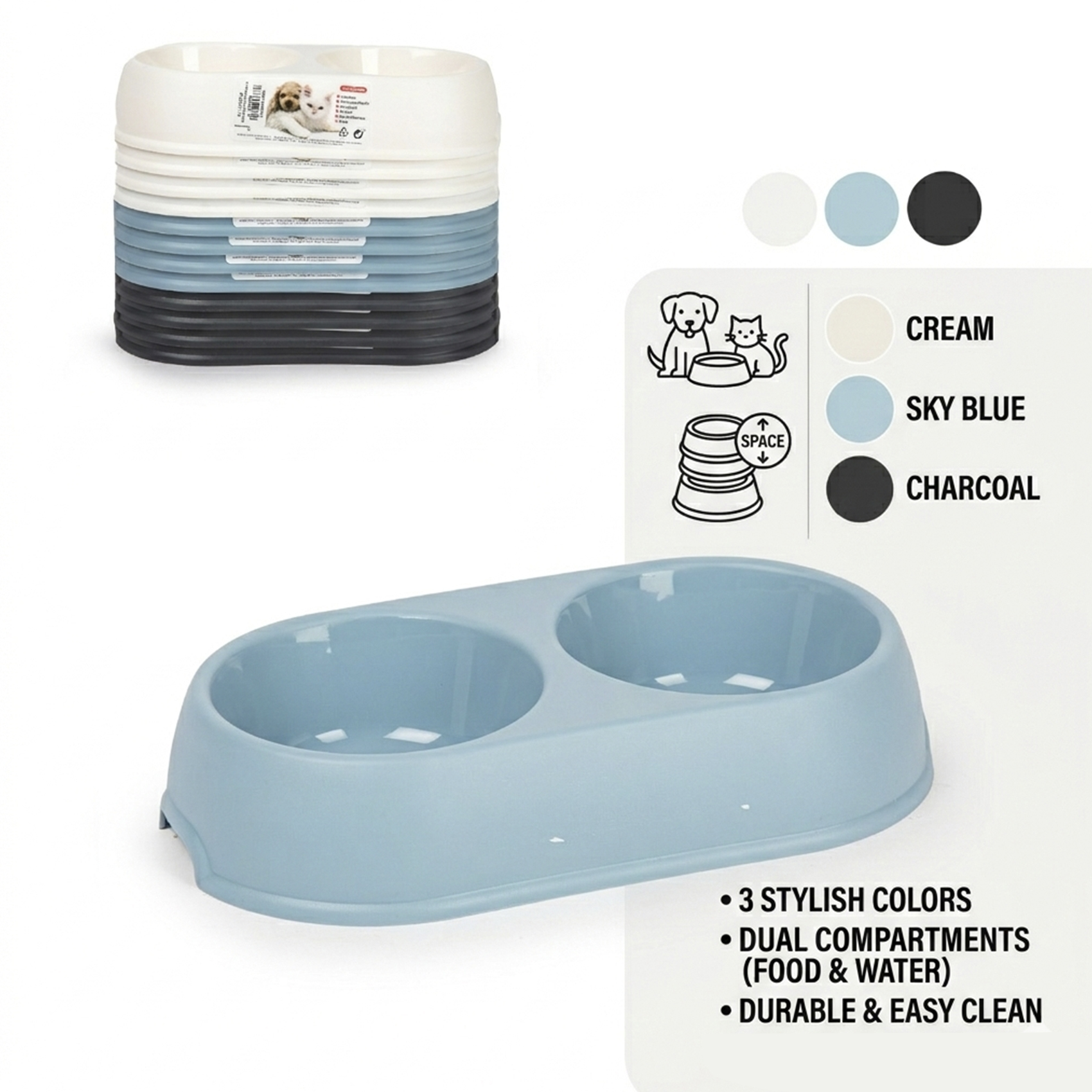 Plastic Forte Double Pet Bowl Dana, Plastic Food & Water Feeding Bowl for Cats & Small Dogs, Dual Pet Feeding Dish, Durable Easy-Clean Pet Feeder Non-Slip Design, 25 x 14 x 5 cm, Assorted Colors - Image 2