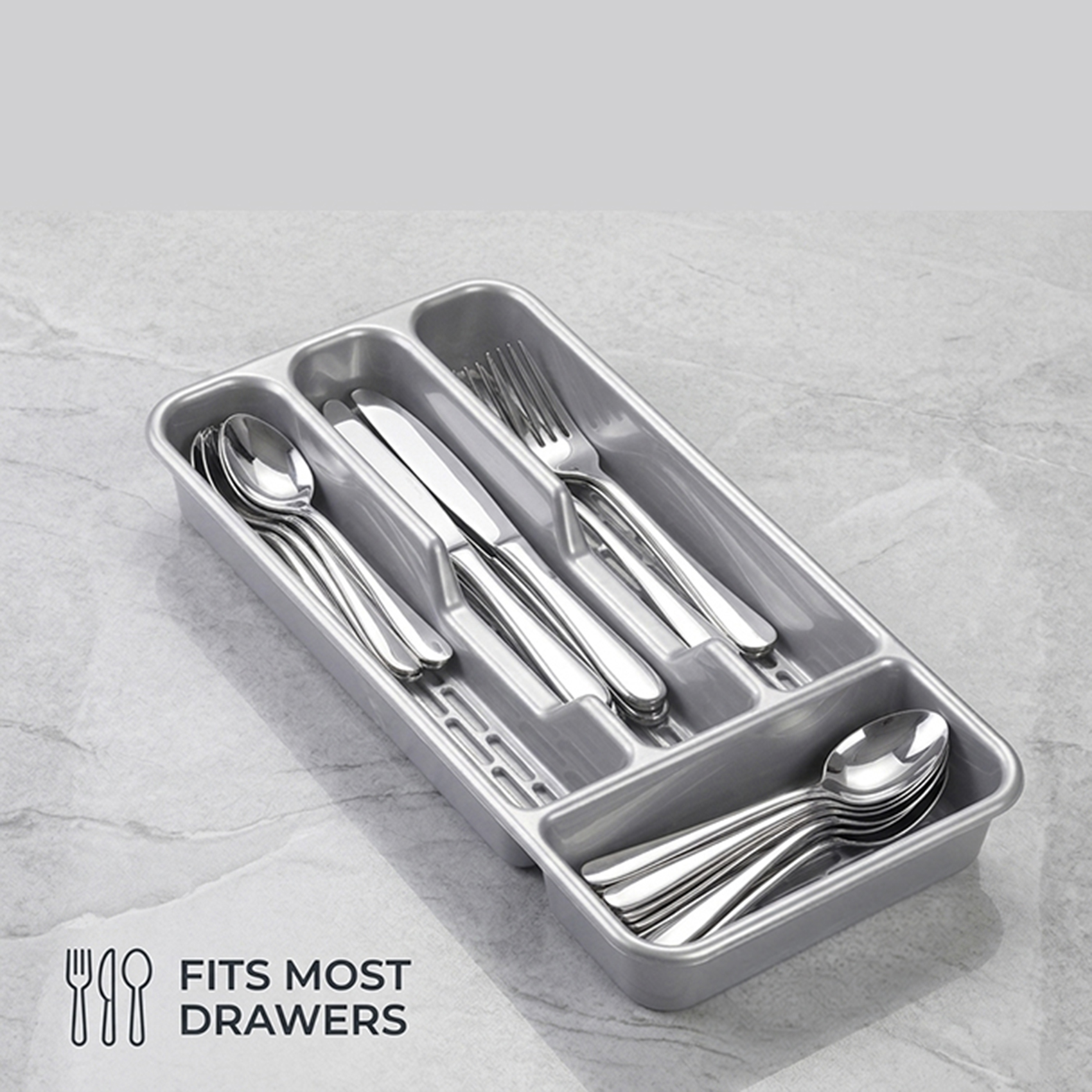Plastic Forte Small Tier Cutlery Tray Classic Silver, Plastic Kitchen Drawer Organizer for Spoons, Forks & Knives, Compact Utensil Storage Tray for Kitchen Drawer Organization, 33 x 17.5 x 4.3 cm,Grey - Image 2