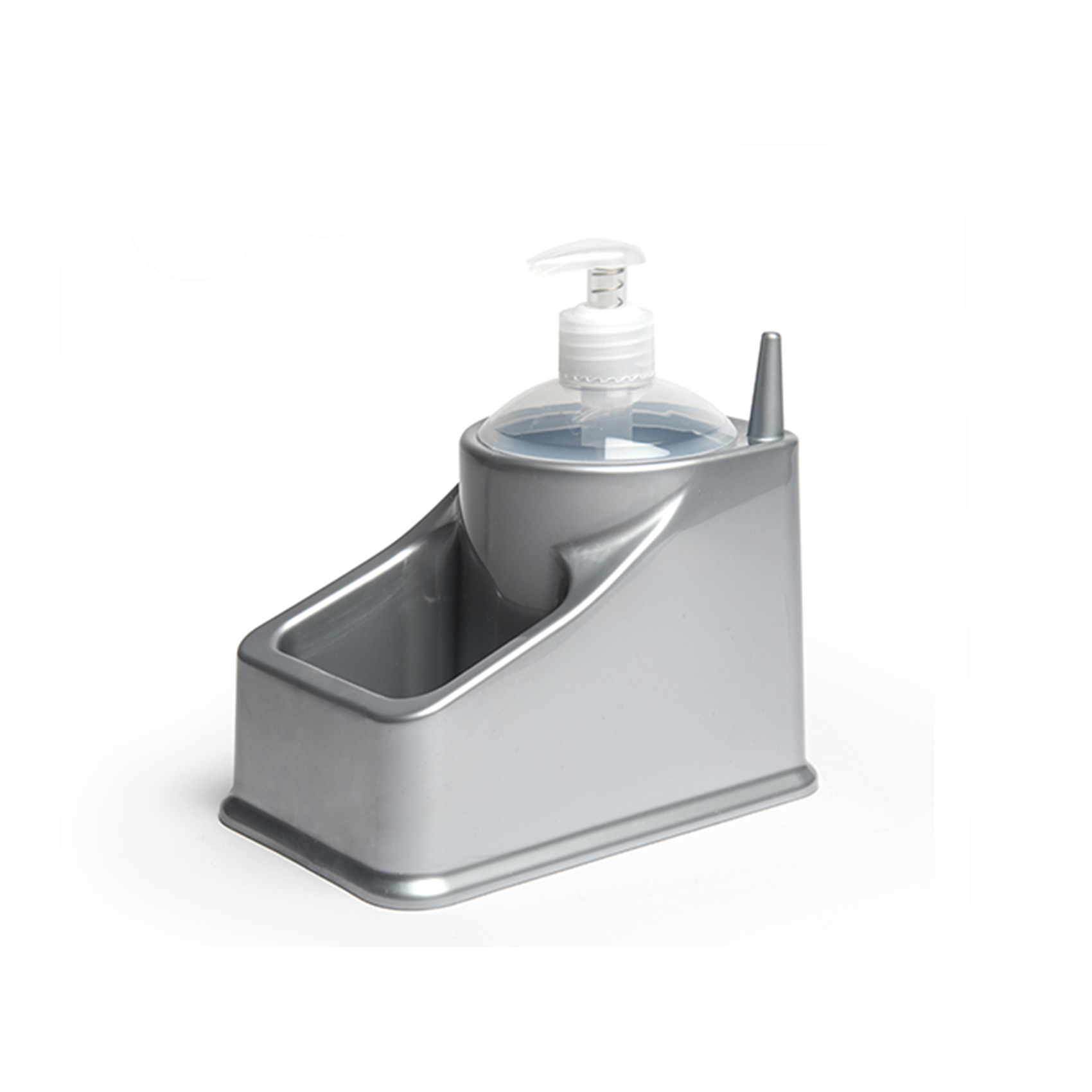 Plastic Forte Dishwashing Soap Dispenser with Sponge Holder, Square Kitchen Sink Soap Pump with Integrated Sponge Caddy, Non-Slip Base Dish Soap Dispenser for Kitchen Sink, 18 x 11x20 cm, Silver Grey