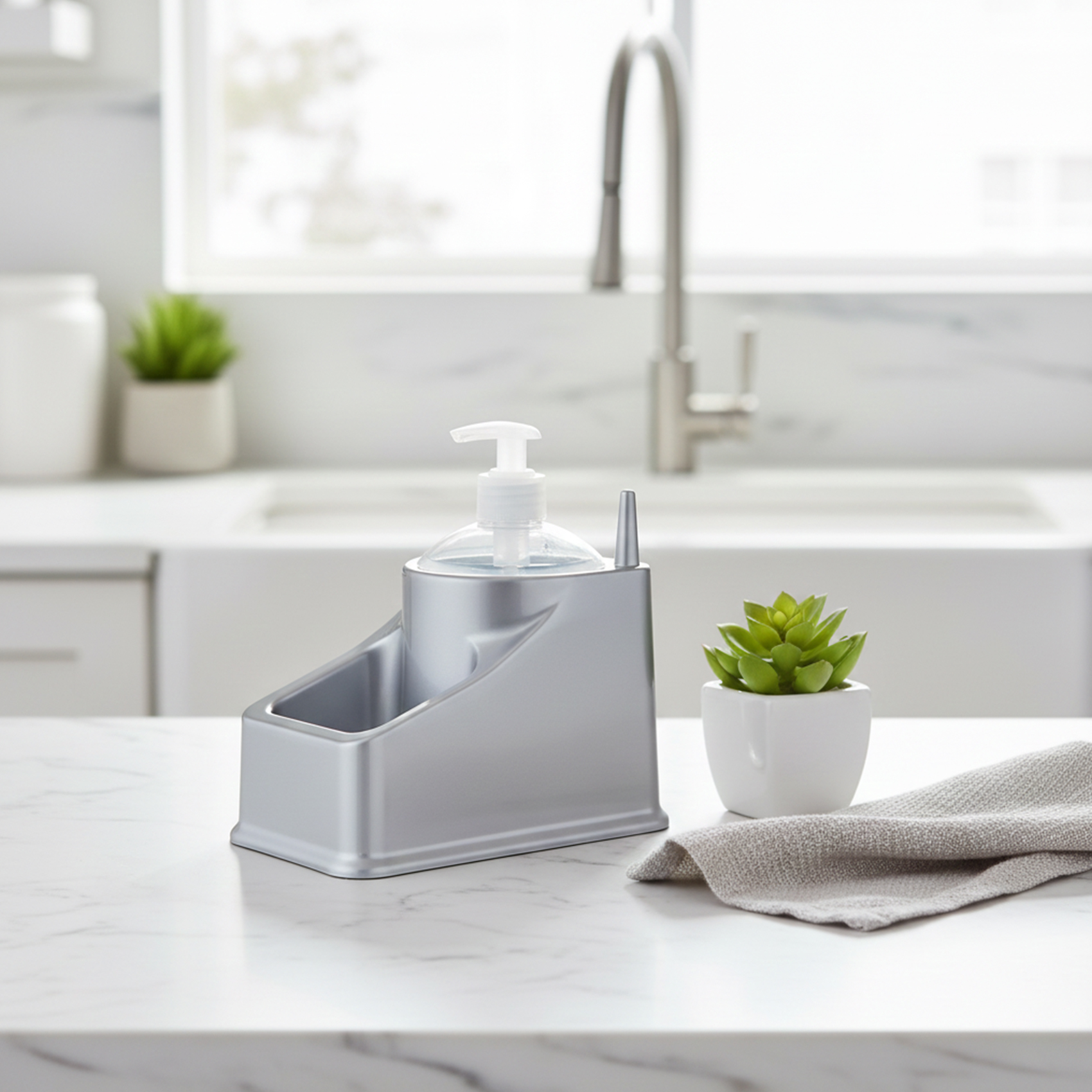 Plastic Forte Dishwashing Soap Dispenser with Sponge Holder, Square Kitchen Sink Soap Pump with Integrated Sponge Caddy, Non-Slip Base Dish Soap Dispenser for Kitchen Sink, 18 x 11x20 cm, Silver Grey - Image 2