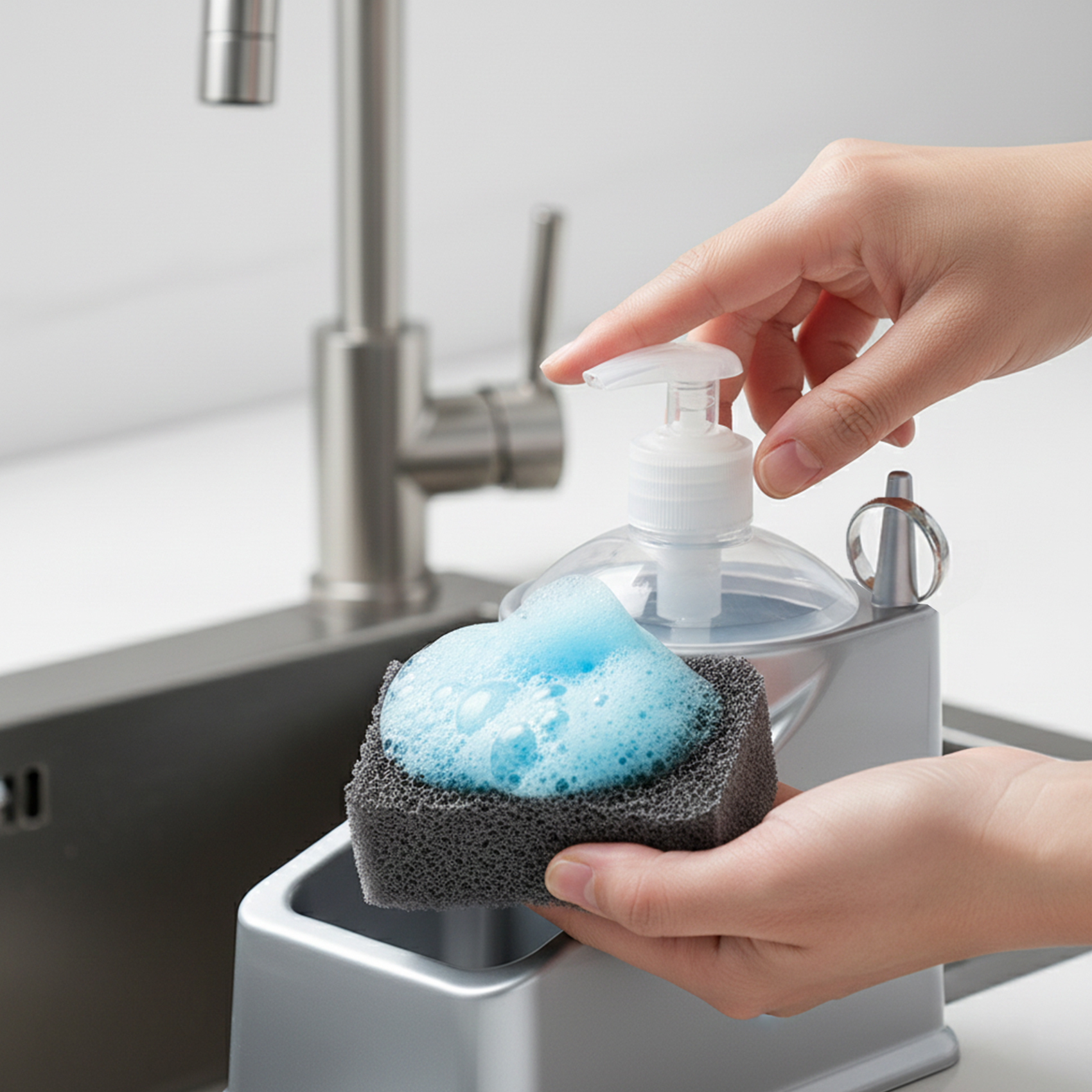 Plastic Forte Dishwashing Soap Dispenser with Sponge Holder, Square Kitchen Sink Soap Pump with Integrated Sponge Caddy, Non-Slip Base Dish Soap Dispenser for Kitchen Sink, 18 x 11x20 cm, Silver Grey - Image 3