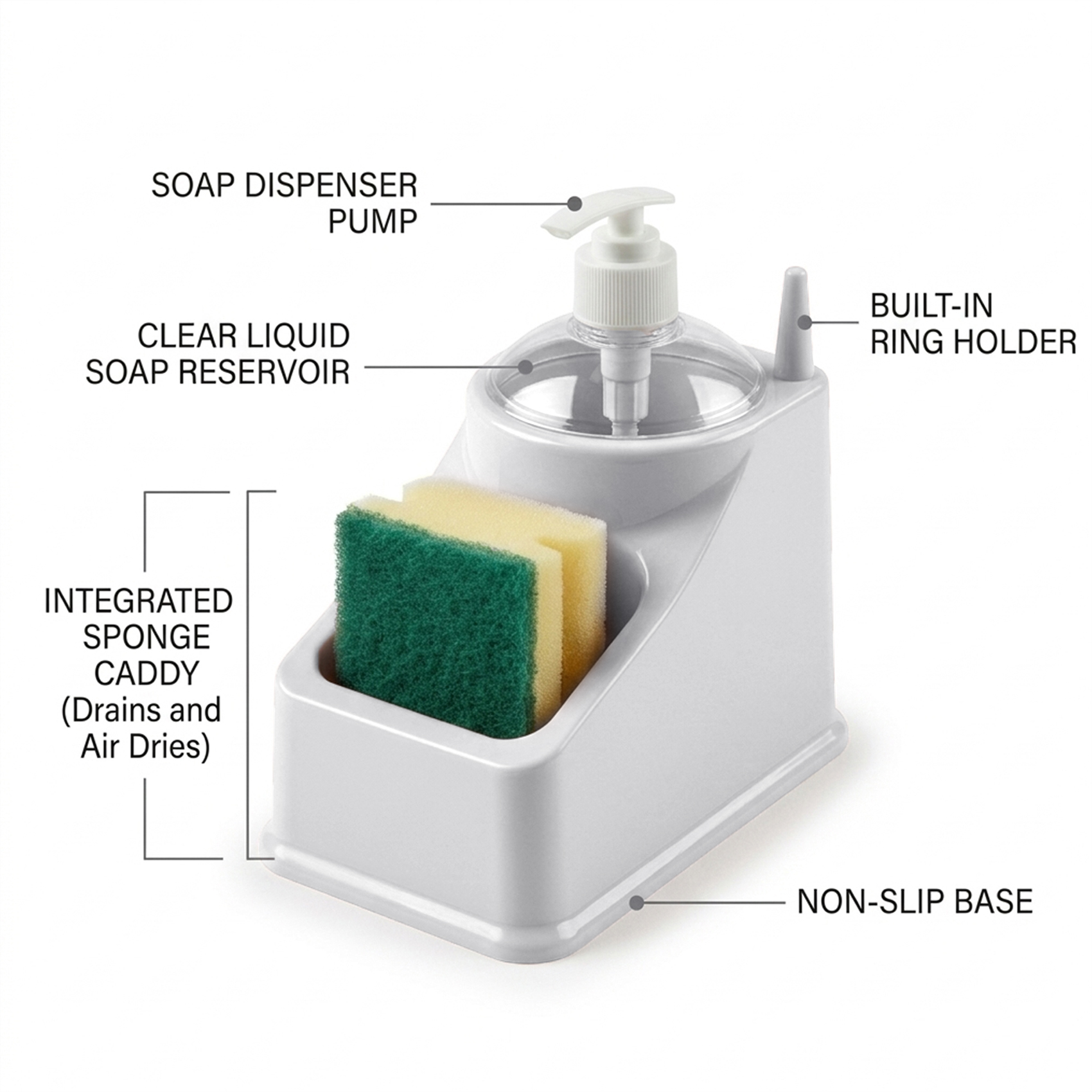 Plastic Forte Dishwashing Soap Dispenser with Sponge Holder, Square Kitchen Sink Soap Pump with Integrated Sponge Caddy, Non-Slip Base Dish Soap Dispenser for Kitchen Sink, 18 x 11x20 cm, Silver Grey - Image 5
