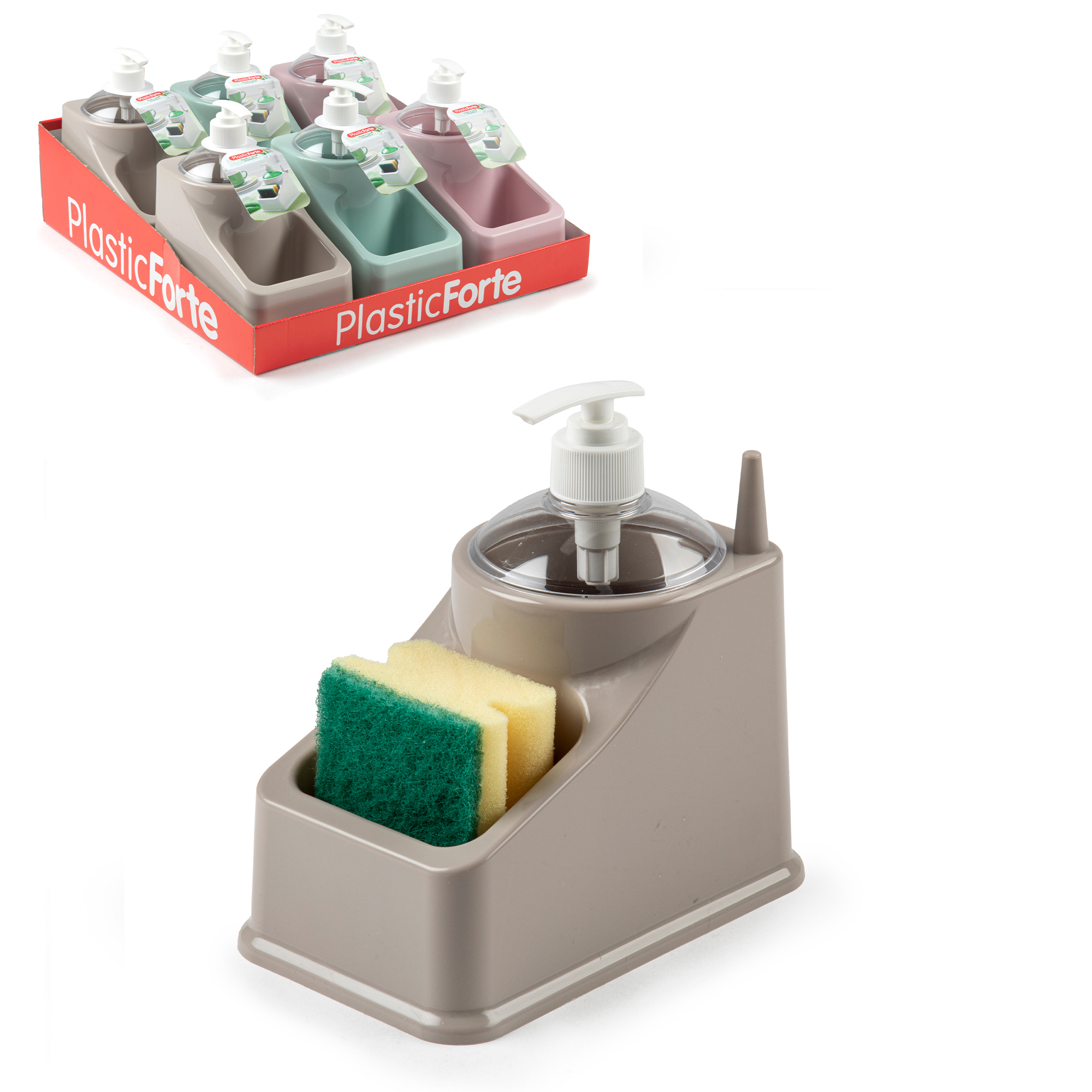 Plastic Forte Dishwashing Soap Dispenser with Sponge Holder, Square Kitchen Sink Soap Pump with Integrated Sponge Caddy, Non-Slip Base Dish Soap Dispenser for Kitchen Sink, 18x11x20 cm, Assorted Color