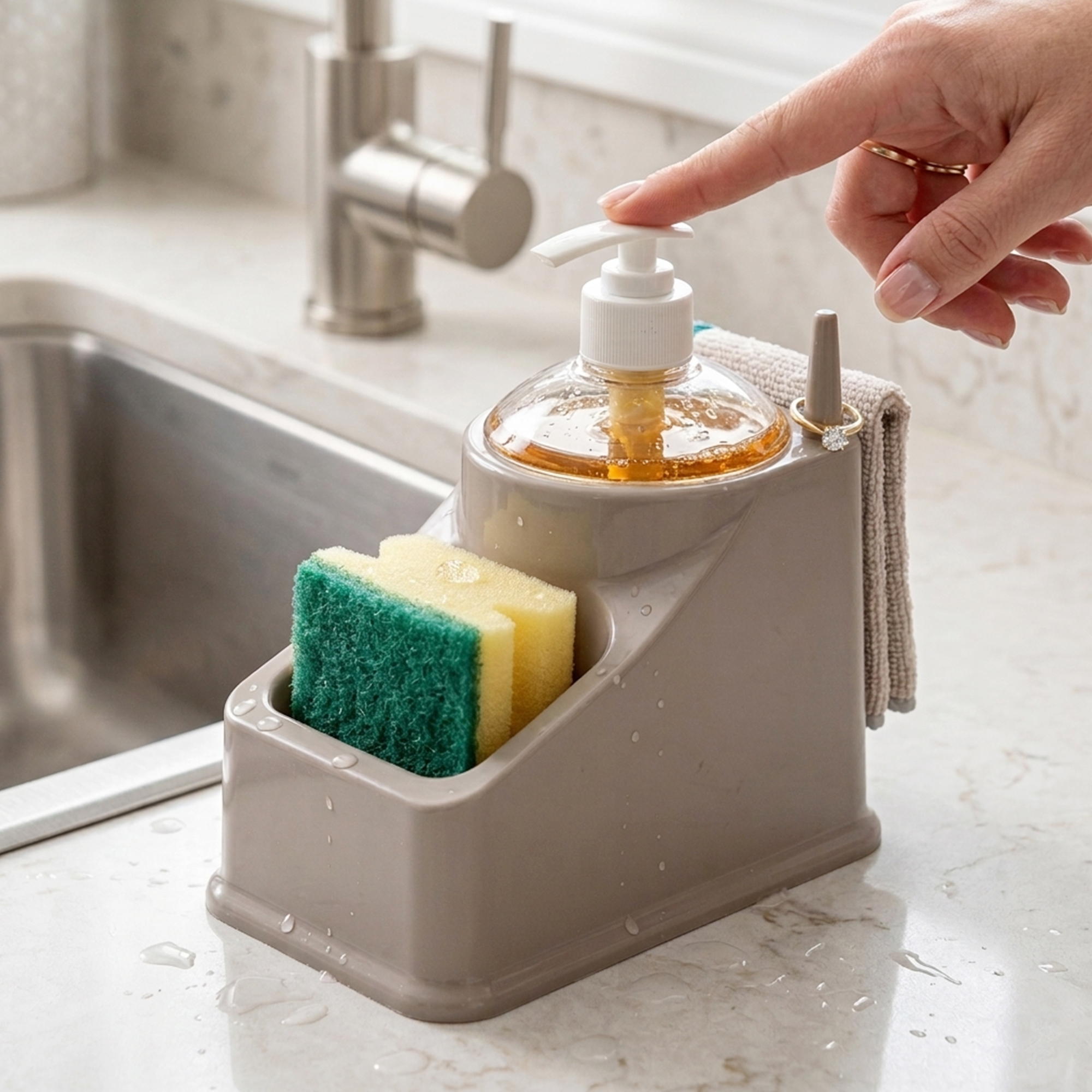 Plastic Forte Dishwashing Soap Dispenser with Sponge Holder, Square Kitchen Sink Soap Pump with Integrated Sponge Caddy, Non-Slip Base Dish Soap Dispenser for Kitchen Sink, 18x11x20 cm, Assorted Color - Image 2