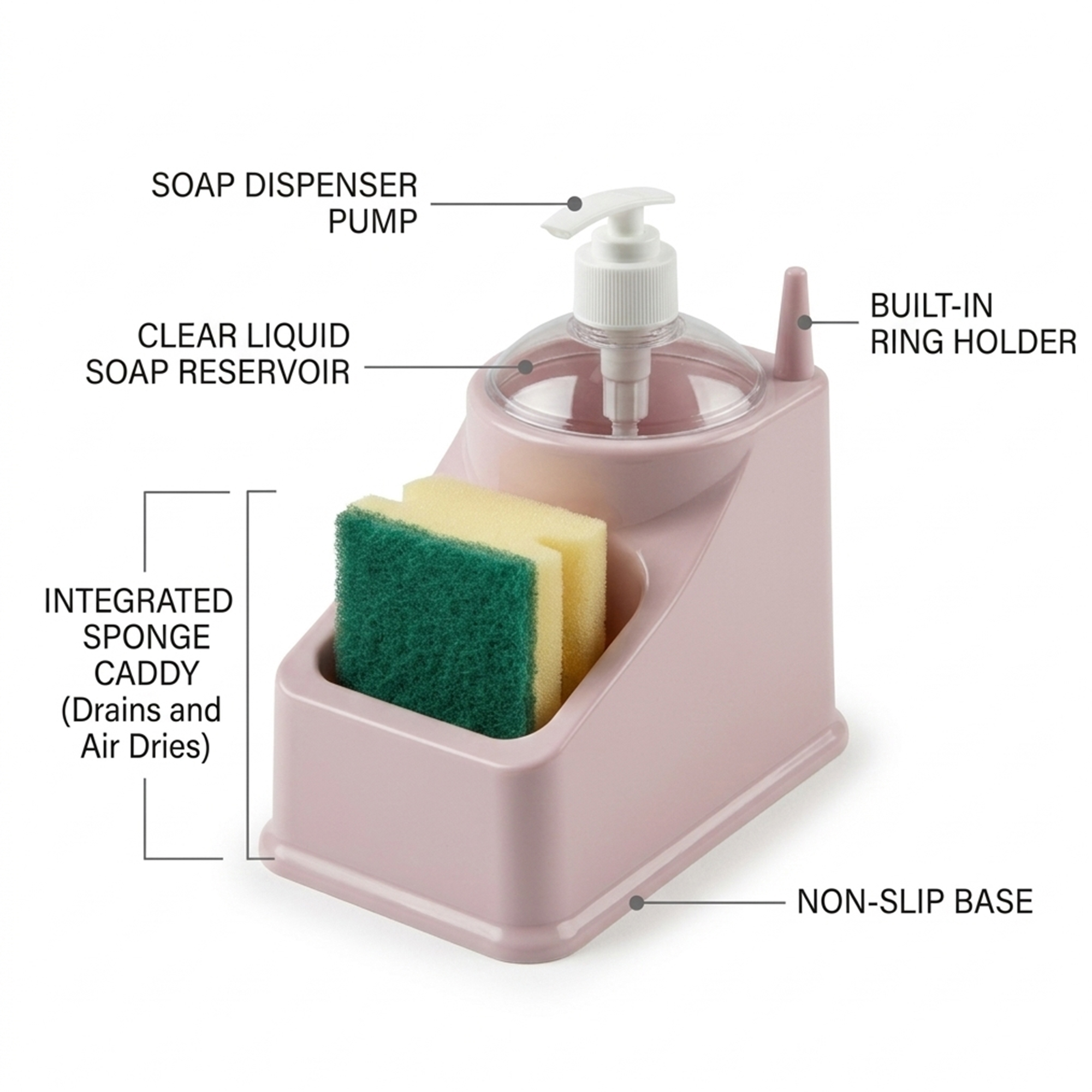 Plastic Forte Dishwashing Soap Dispenser with Sponge Holder, Square Kitchen Sink Soap Pump with Integrated Sponge Caddy, Non-Slip Base Dish Soap Dispenser for Kitchen Sink, 18x11x20 cm, Assorted Color - Image 3