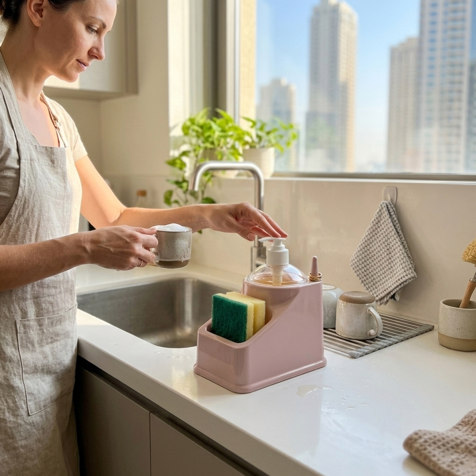 Plastic Forte Dishwashing Soap Dispenser with Sponge Holder, Square Kitchen Sink Soap Pump with Integrated Sponge Caddy, Non-Slip Base Dish Soap Dispenser for Kitchen Sink, 18x11x20 cm, Assorted Color - Image 6