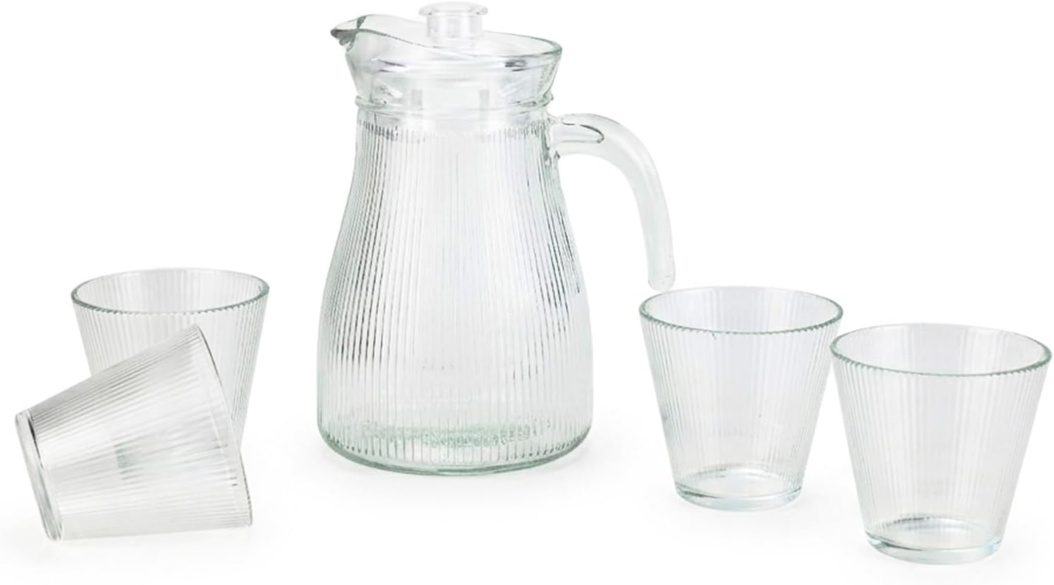 Cuisine Art Modern 5-Piece Ribbed Glass Water Jug & Tumbler Set 1.2L Fluted Glass Pitcher with Lid and Four 220ml Ribbed Drinking Glasses Glassware for Water, Juice & Iced Tea Lead-Free Premium Finish