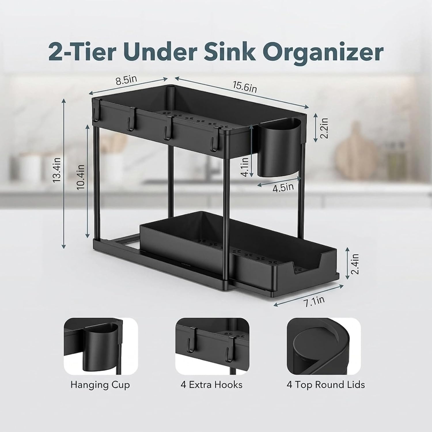 Cuisine Art Under Sink Organizer with Double Pull-Out Drawer 2-Tier Sliding Under Sink Storage, Kitchen & Bathroom Cabinet Organizer with Side Hooks, Anti-Rust Steel & ABS, 15.6×8.6×13.2 cm, Black - Image 3