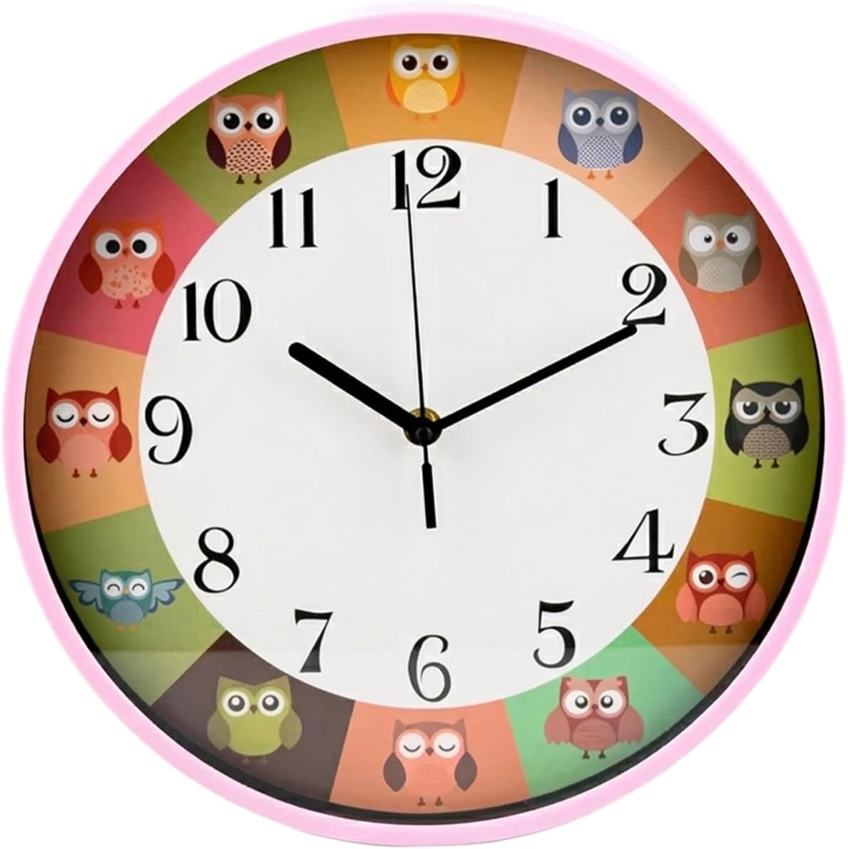 Cuisine Art 30cm Kids Owl Wall Clock Silent Non-Ticking Sweep Movement Large 12-Inch Face for Nursery, Kids Room & Classroom with Easy-to-Read Numerals - Pink Frame