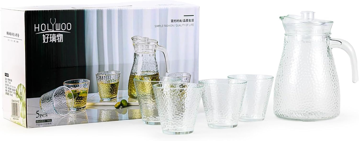 Cuisine Art Premium 5-Piece Hammered Glass Water Carafe & Tumbler Set 1.2L Glass Pitcher with Lid and Four 220ml Drinking Glasses Glassware for Juice, Water & Mocktails Lead-Free Crystal Clear Finish - Image 5