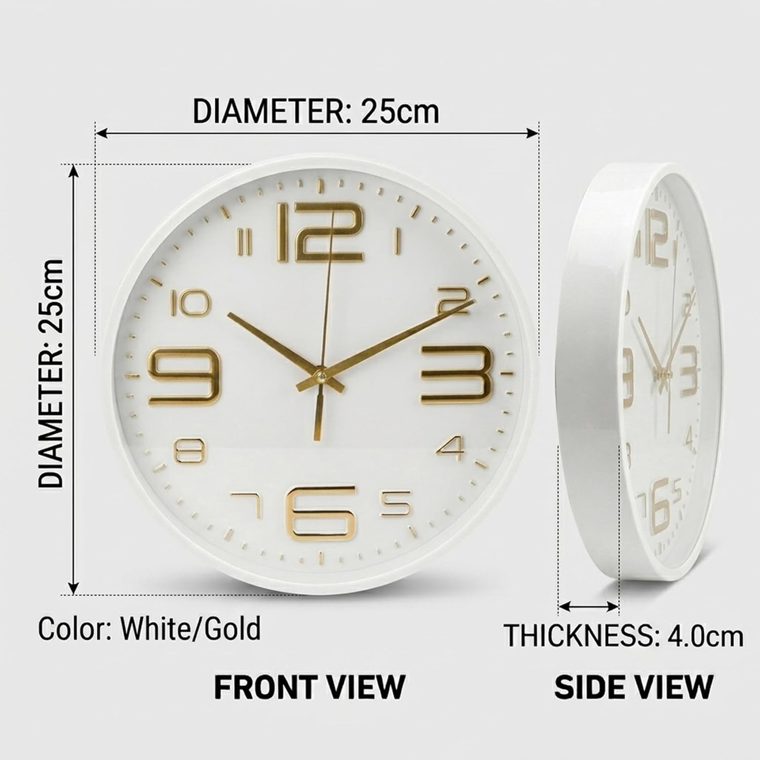 25cm Round Wall Clock Minimalist White Frame with Large Easy-to-Read Numbers 10-Inch Circular Timepiece for Home, Kitchen, Office & Classroom - Image 3