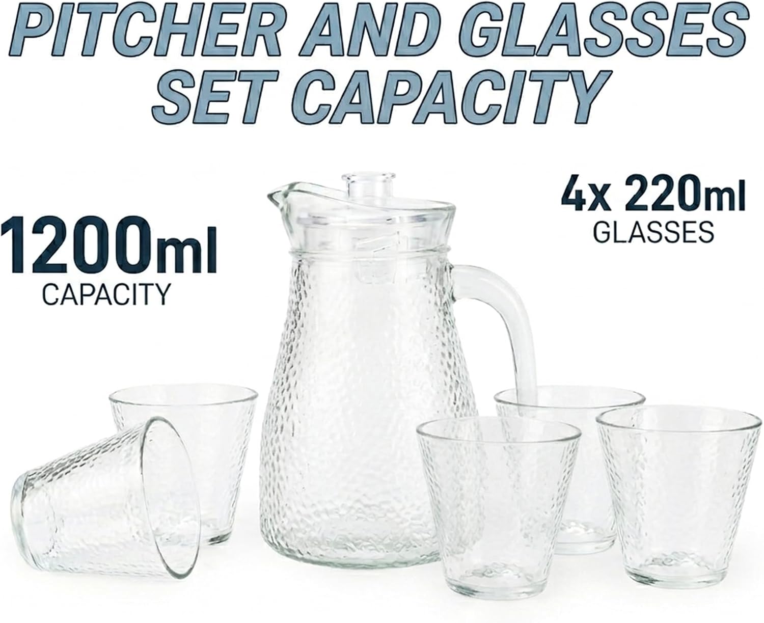 Cuisine Art Premium 5-Piece Hammered Glass Water Carafe & Tumbler Set 1.2L Glass Pitcher with Lid and Four 220ml Drinking Glasses Glassware for Juice, Water & Mocktails Lead-Free Crystal Clear Finish - Image 4