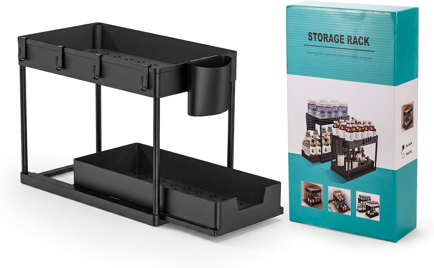 Cuisine Art Under Sink Organizer with Double Pull-Out Drawer 2-Tier Sliding Under Sink Storage, Kitchen & Bathroom Cabinet Organizer with Side Hooks, Anti-Rust Steel & ABS, 15.6×8.6×13.2 cm, Black - Image 7