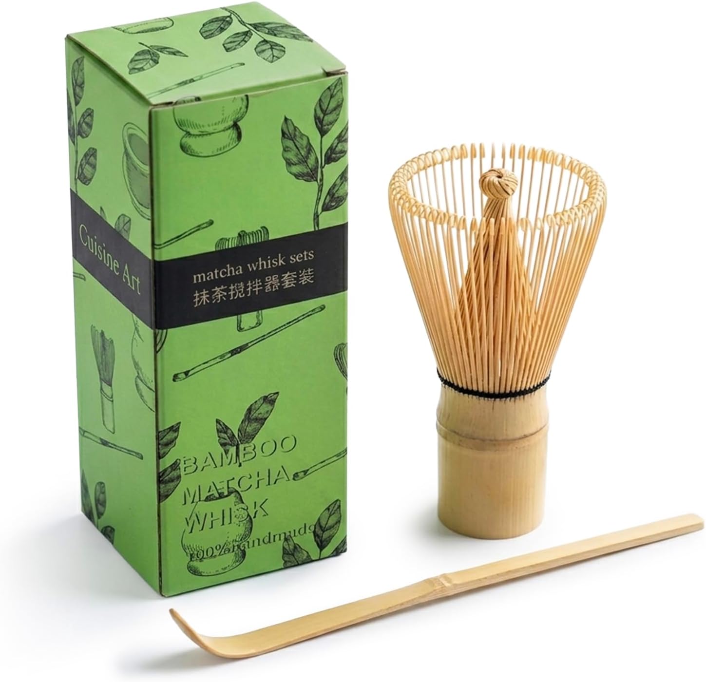 Cuisine Art 2-Piece Bamboo Matcha Whisk Set Includes Bamboo Whisk (Chasen) and Hooked Scoop (Chashaku) 100% Handmade Traditional Tools for Preparing Authentic Matcha Tea Beige