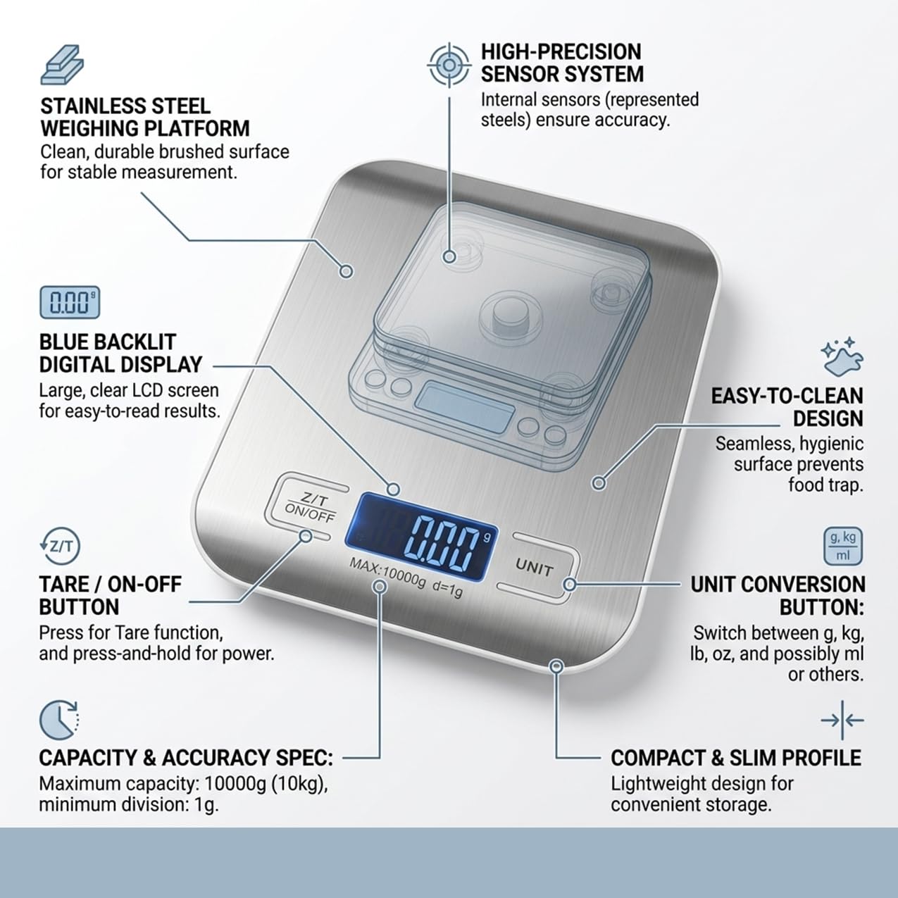 Cuisine Art Digital Kitchen Scale High-Precision Electric Food Scale Silver Stainless Steel Slim 1.7cm Design with Backlit LCD Display Multi-Unit Measurement for Baking & Cooking - Image 5