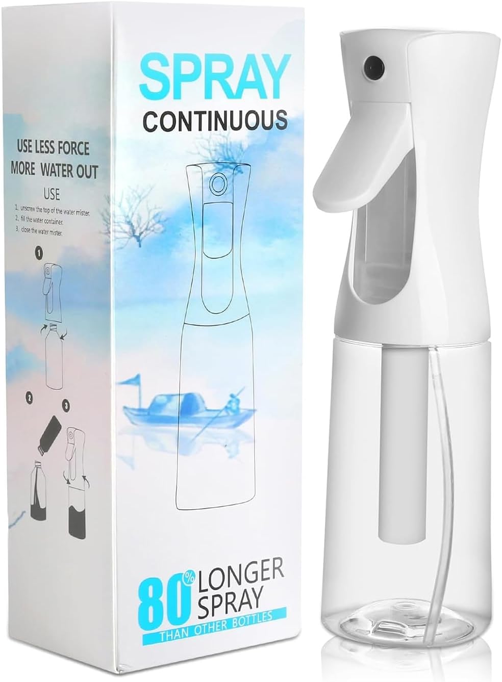 Cuisine Art 300ml Continuous Mist Spray Bottle, Ultra-Fine Sprayer with Automatic Booster Airless Design, Leak-Proof For Hair Styling, Skin Care, Make-Up, Plants, Cleaning & Fitness White