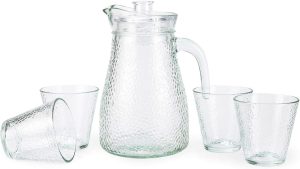 Cuisine Art Premium 5-Piece Hammered Glass Water Carafe & Tumbler Set  1.2L Glass Pitcher with Lid and Four 220ml Drinking Glasses  Glassware for Juice, Water & Mocktails  Lead-Free Crystal Clear Finish