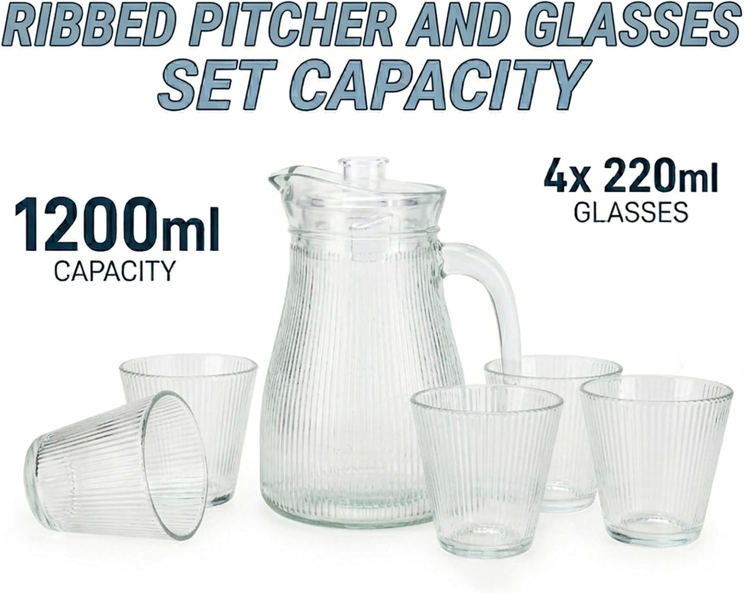 Cuisine Art Modern 5-Piece Ribbed Glass Water Jug & Tumbler Set 1.2L Fluted Glass Pitcher with Lid and Four 220ml Ribbed Drinking Glasses Glassware for Water, Juice & Iced Tea Lead-Free Premium Finish - Image 4